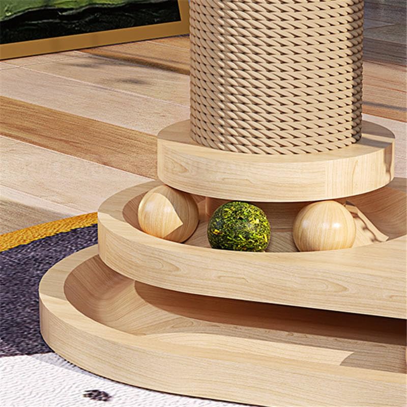 Image of Solid Pine Wood Cat Toy Scratching Post Tower with Roller Ball Track, Catnip Balls & Feather Teaser - 2-Level Sisal Cat Scratcher Activity Tower for Indoor Cats- Double Tower