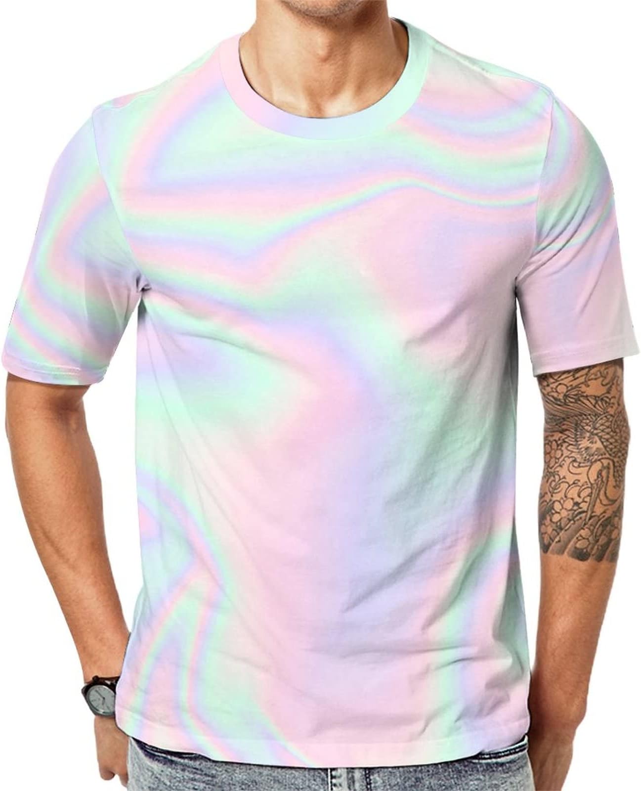 Pastel Holographic Foil Men's Short Sleeve T-Shirts Crew Neck Tees Fashion Casual Tops