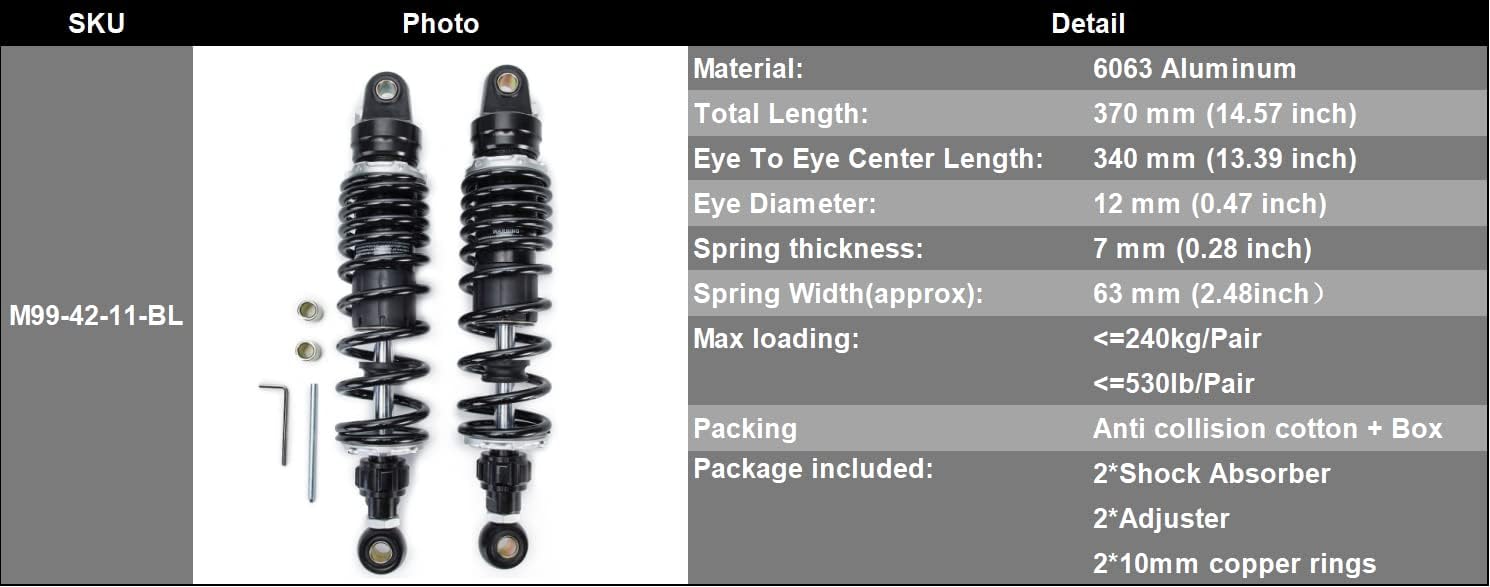 340mm 13.38 inch 7mm Spring Universal Motorbike Air Shock Absorber Rear Suspension ATV Quad Scooter Dirt Bike Adjustable Inflatable Air Damping