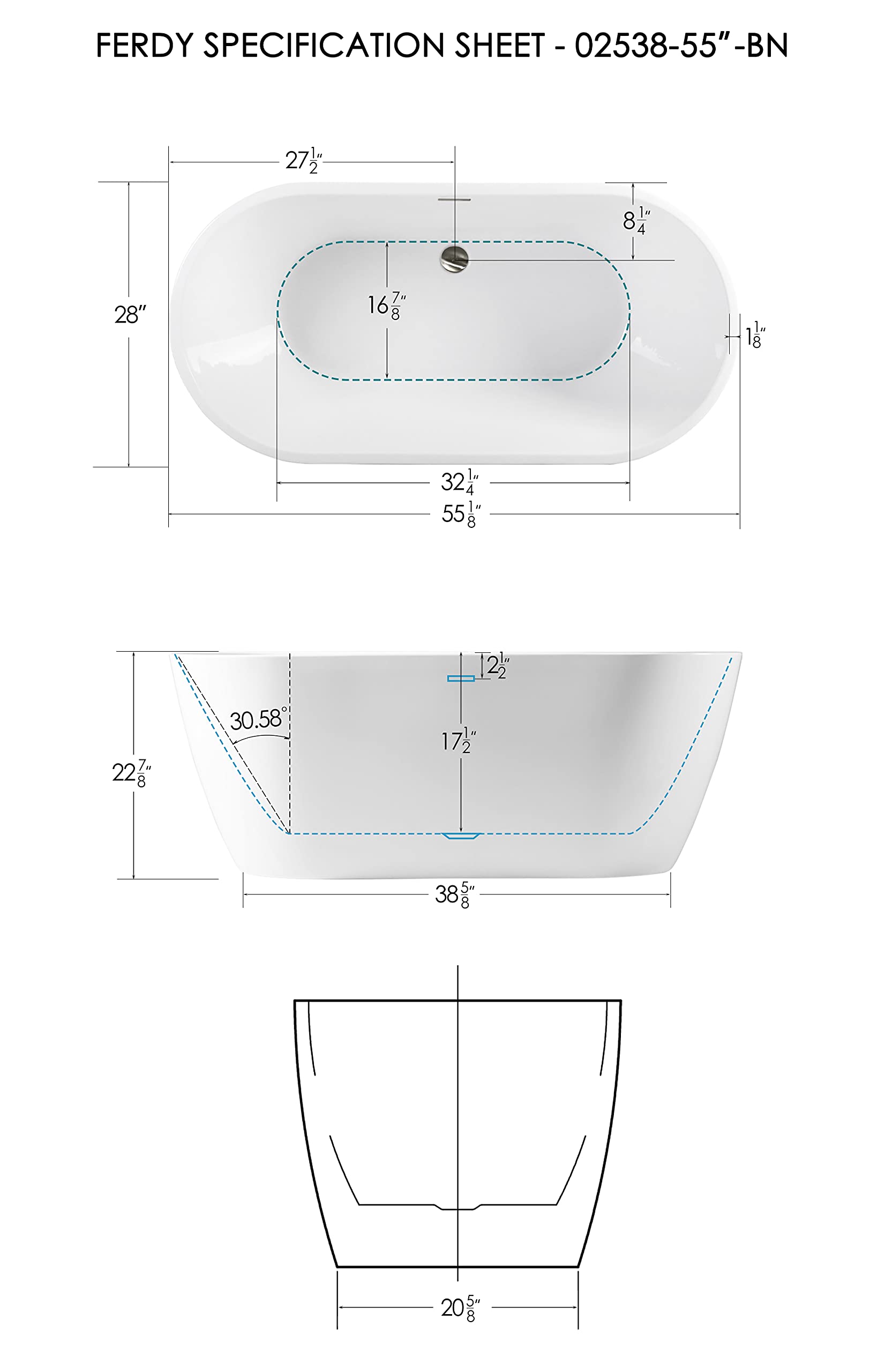 Buy FerdY Bali 55" Freestanding Bathtub Gracefully Shaped Freestanding