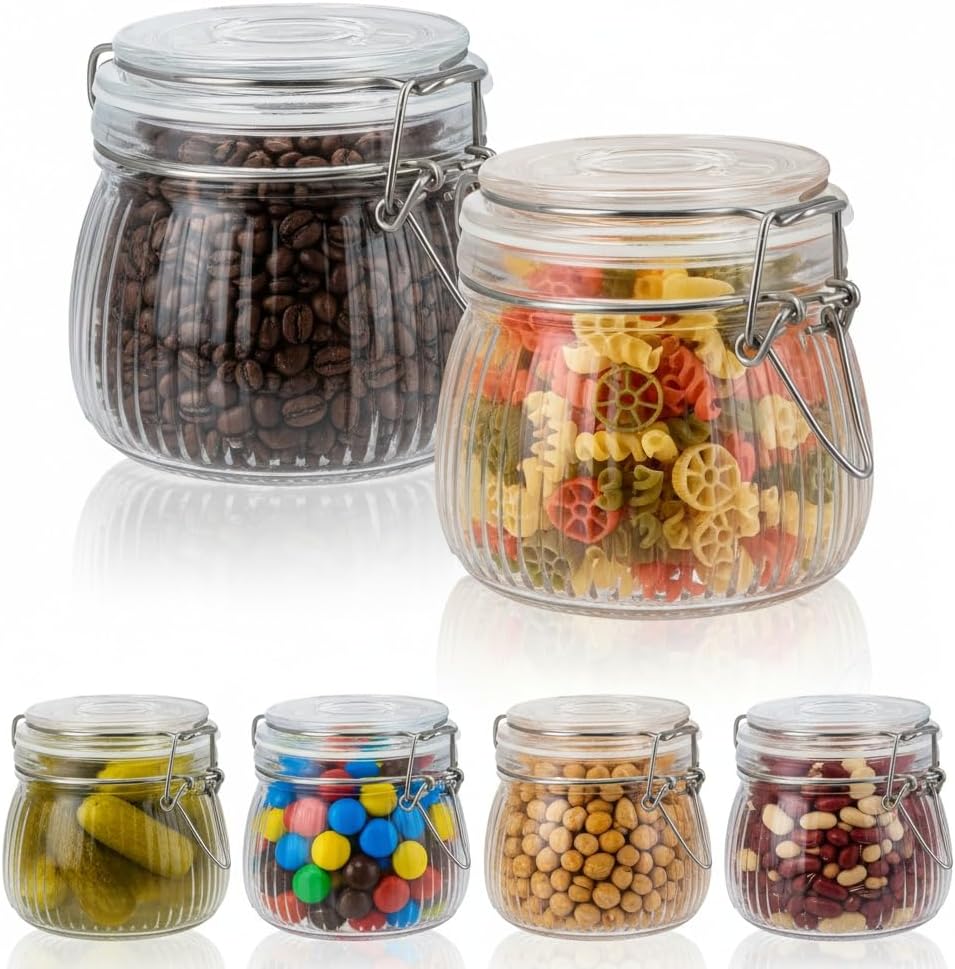 Set of 6 Glass Jars with Lids 500 ml, Preserving Jars with Clip Closure & Seal, Spice Jar, Food Containers for Jam, Coffee, Sugar, Pasta, Kitchen