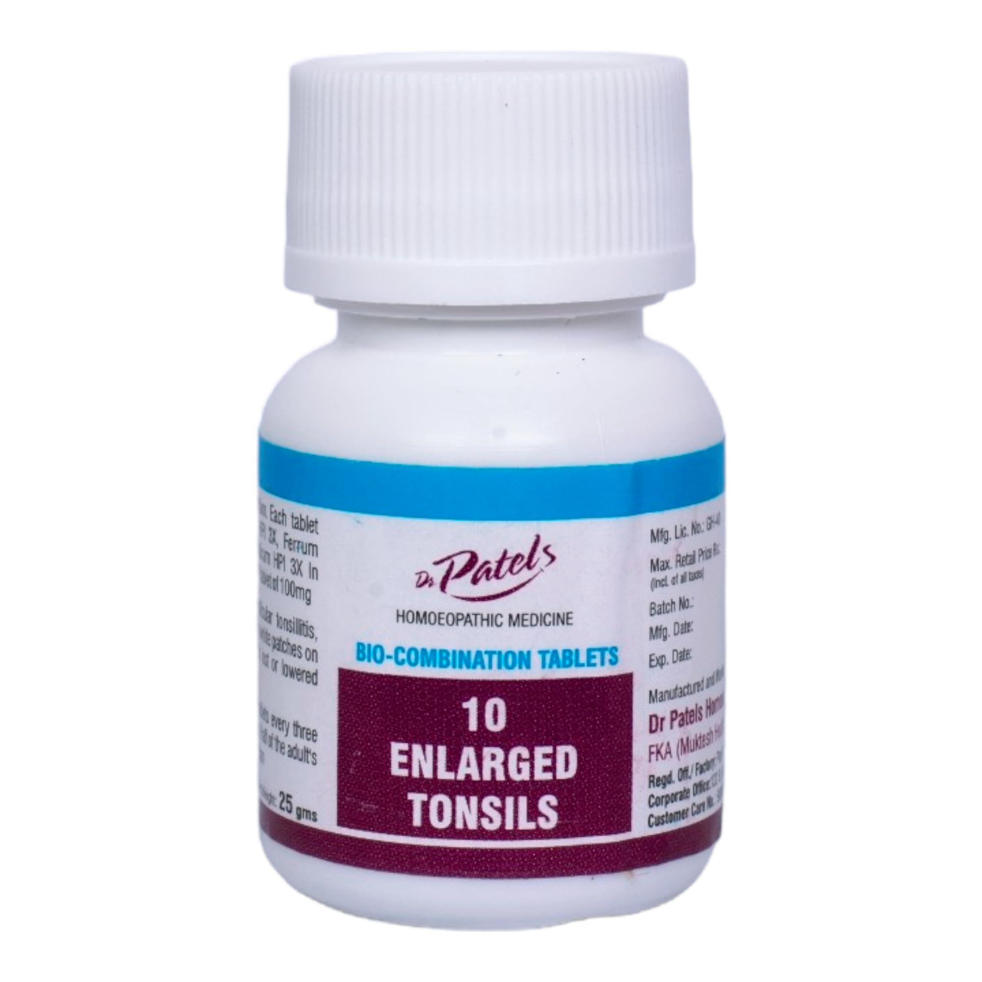 Dr Patel's Homeopathic Bio-Combination No. 10 Tablet | Enlarged Tonsils Tablets | Natural Relief for Inflamed Tonsils, White Coating or Patches, Bad Breath, and Appetite Issues 25g (Pack of 1)