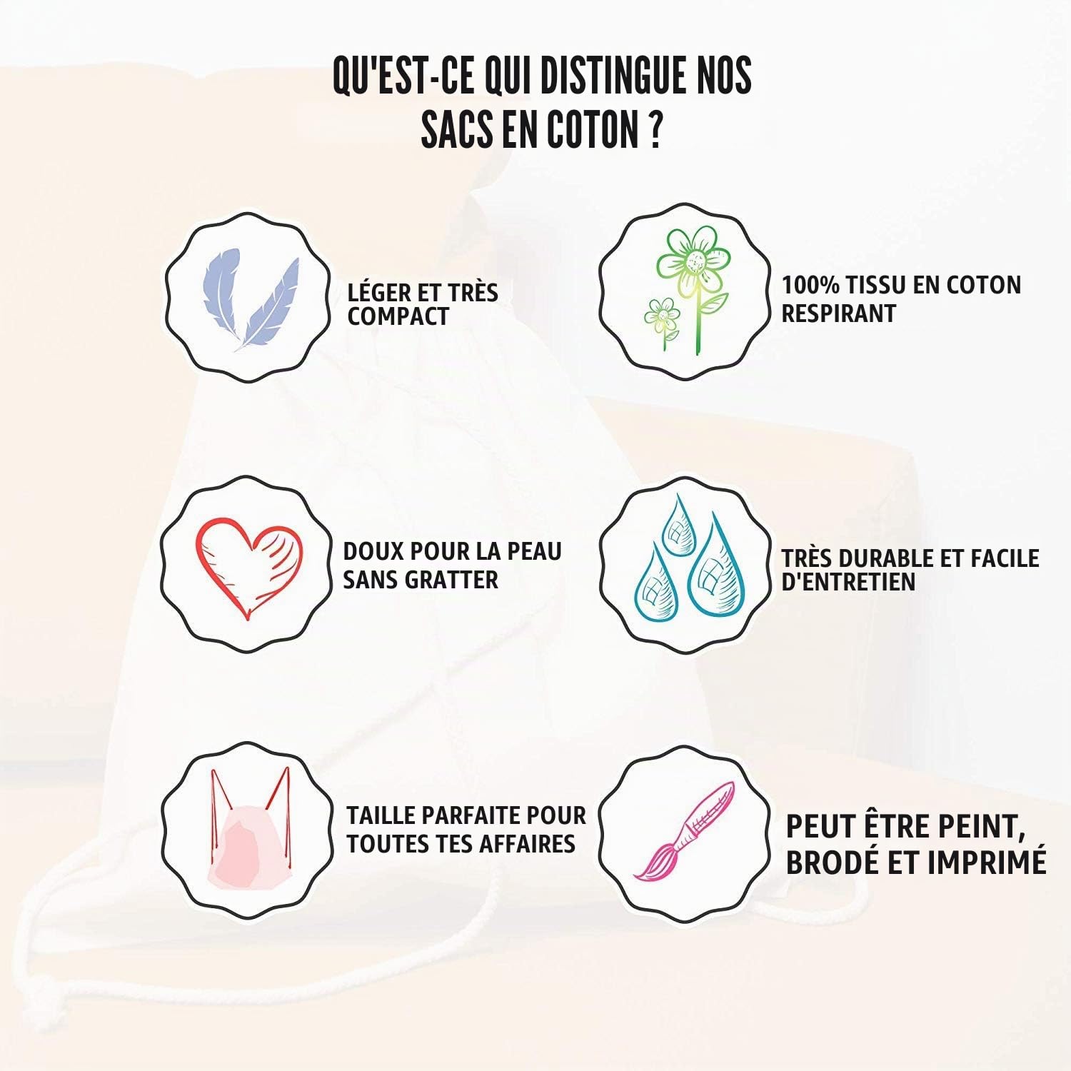 ELES VIDA Sacs de Gym en Coton Naturel, Sac de Sport Sac à Dos en Tissu Sac en Toile de Jute certifié Oeko-Tex