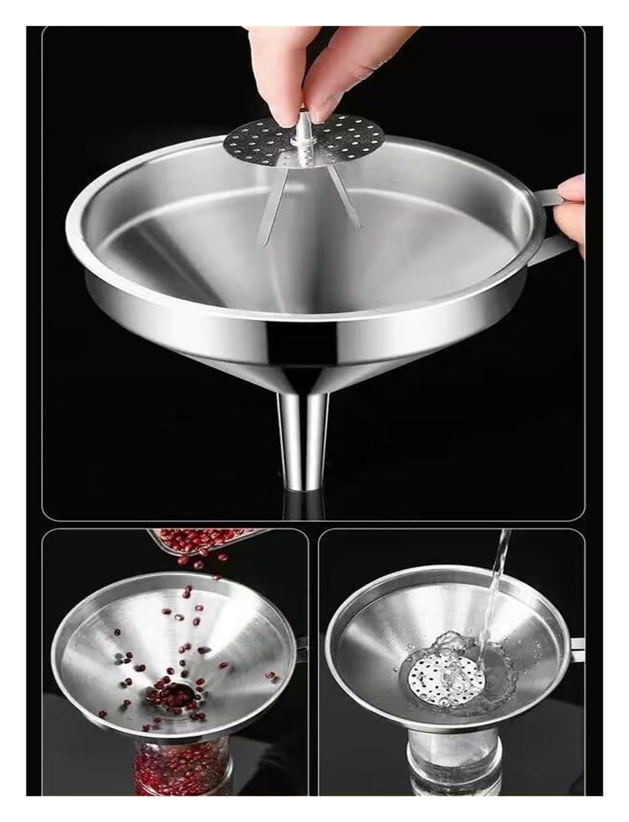 Embudo de cocina acero inoxidable con filtro extraíble, embudo boca ancha, ideal for enlatar vino, cerveza y aceite, utensilios(20 * 19 * 2cm)