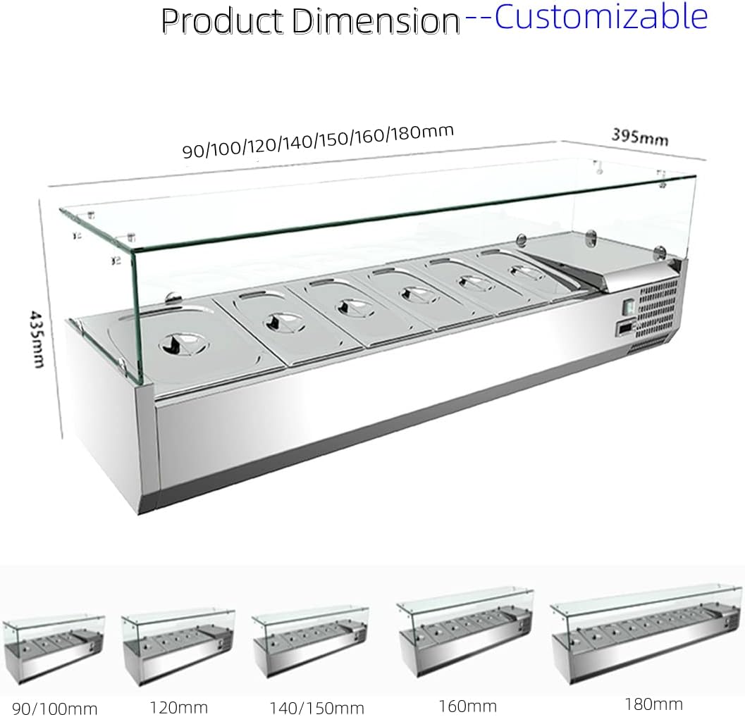 Commercial 35'' Countertop Refrigerated Condiment Prep Station with Glass/Stainless Steel Cover - 110V Air Cooling Salad Sandwich Refrigerator Includes Customizable Pans, 35.6°F ~ 46.4°F