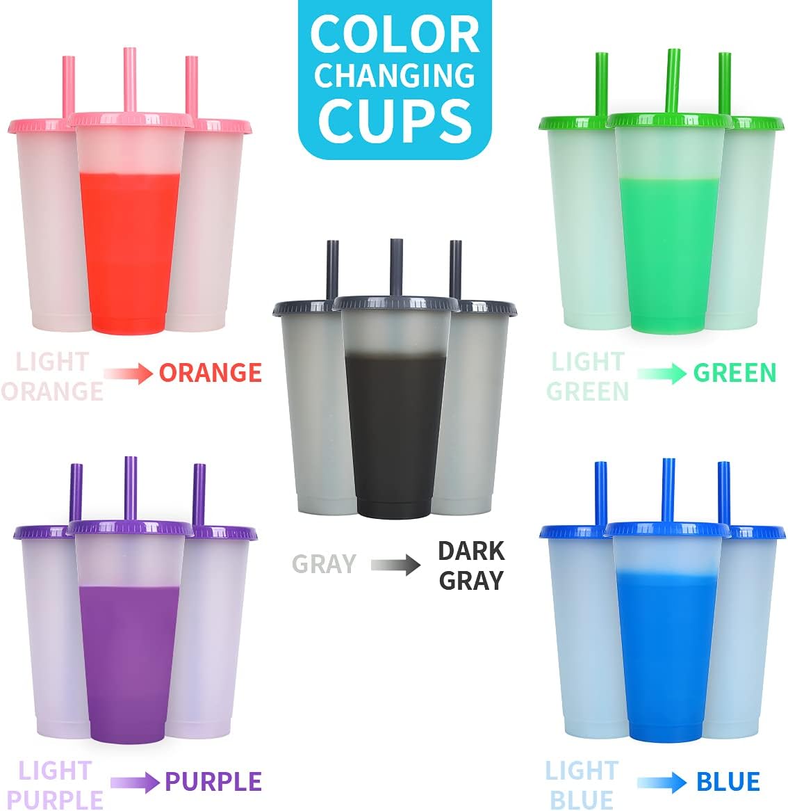 heincar 32oz Color Changing Cups with Lids & Straws - 5 Pack Reusable Party Cold Drinking Cup for Kids & Adults - Plastic Beverage Juice Smoothie Iced Coffee Tumbler Bulk with Boba Straw
