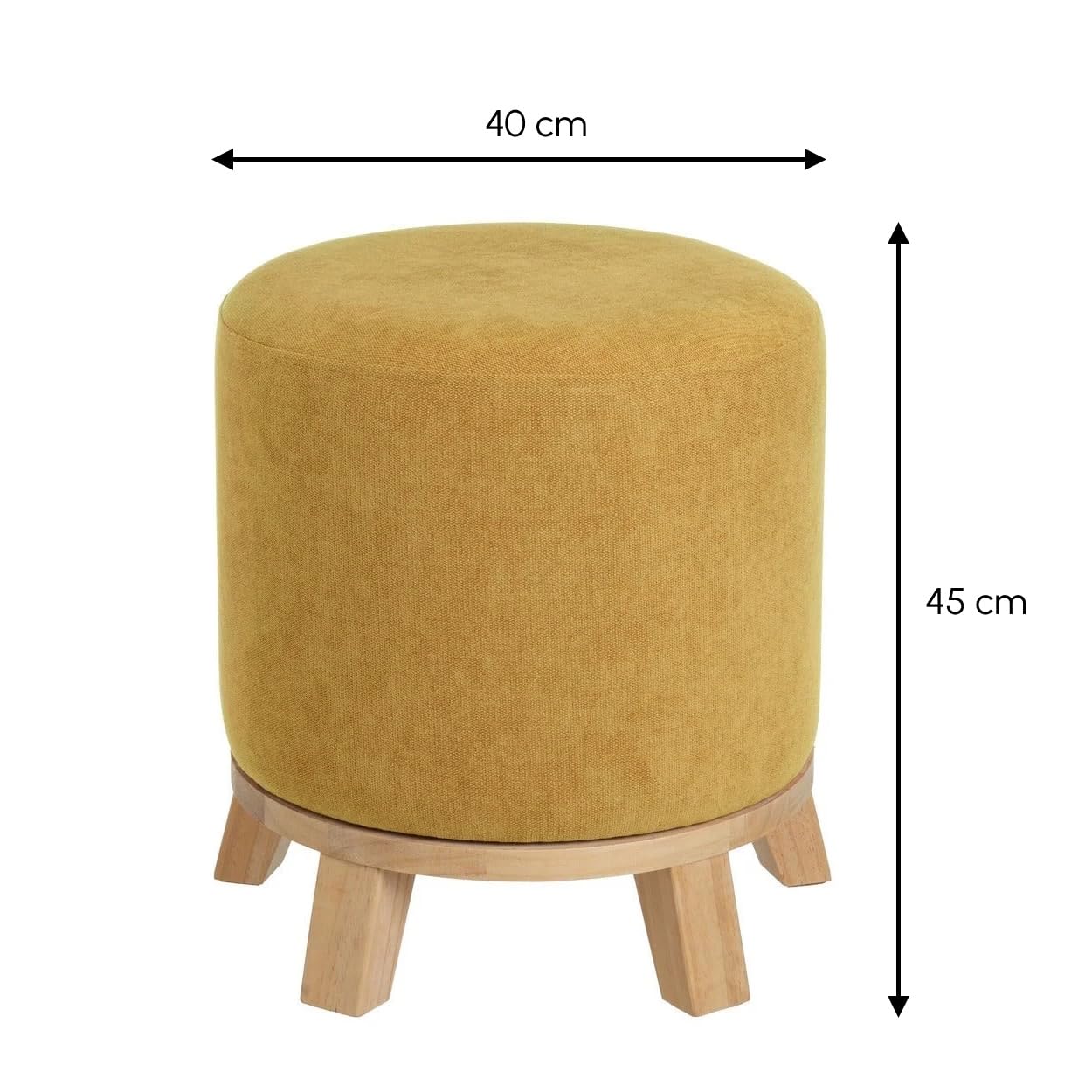Puff Taburete Redondo tapizado en Chenilla Mostaza con Patas de Madera de 40x45 cm. Úsalo como reposapies o Asiento para tocador. Incluye Patas de Madera de 10 cm. Resiste 100 kg.