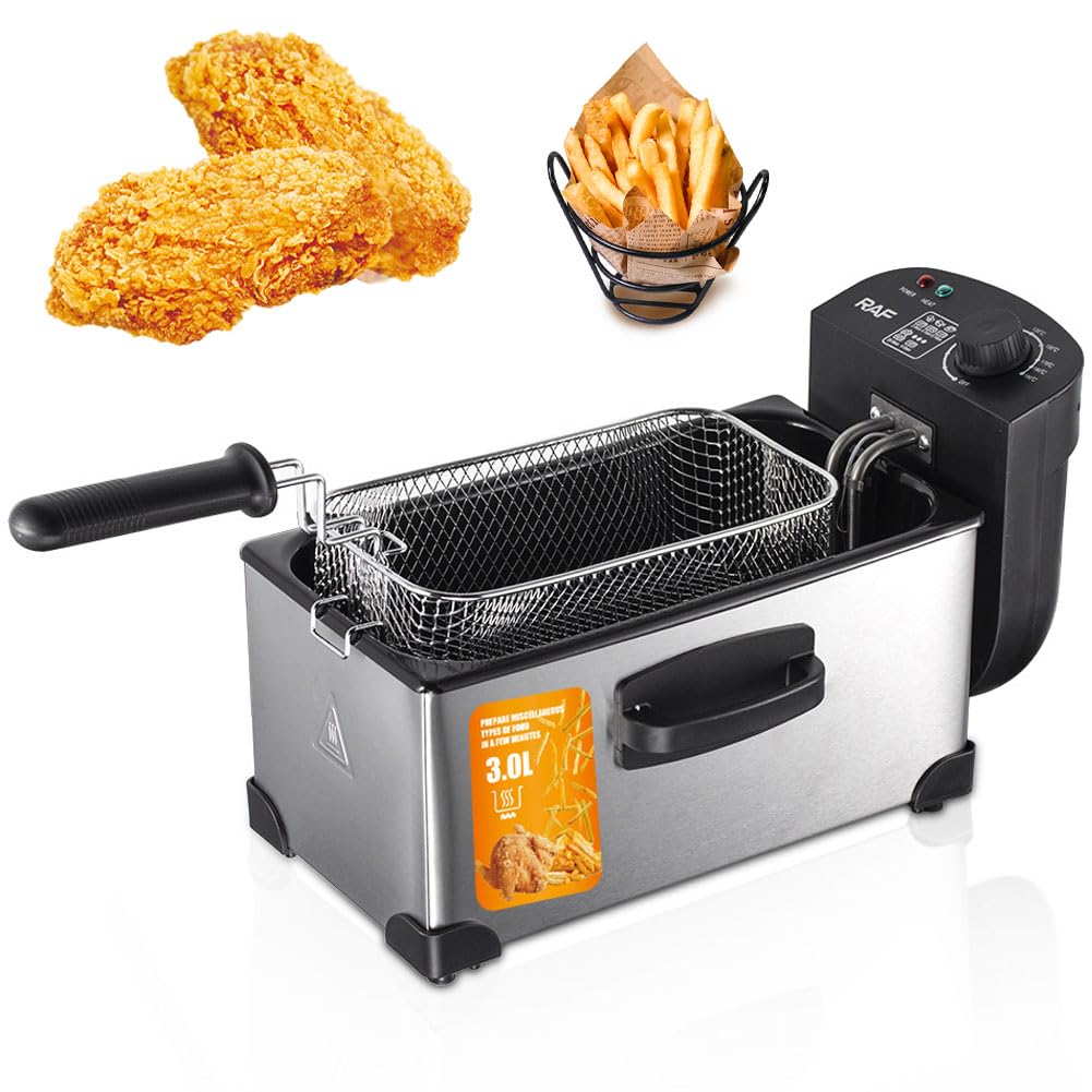 FHRKA 2000W Electric Deep Fryer, 3L Stainless Steel Deep Fat Fryer with 0℃-190℃ Temperature Control, Countertop Deep Fryer Pot