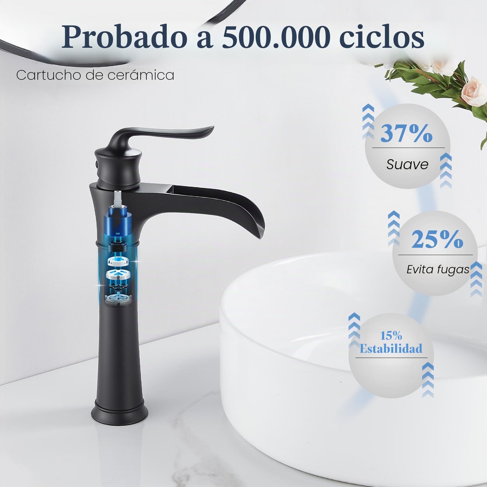 Grifo mezclador de lavabo de altura alta, grifos de baño negros altos, mezclador de pie de cascada de latón para fregadero de baño, cuenco de 1 agujero