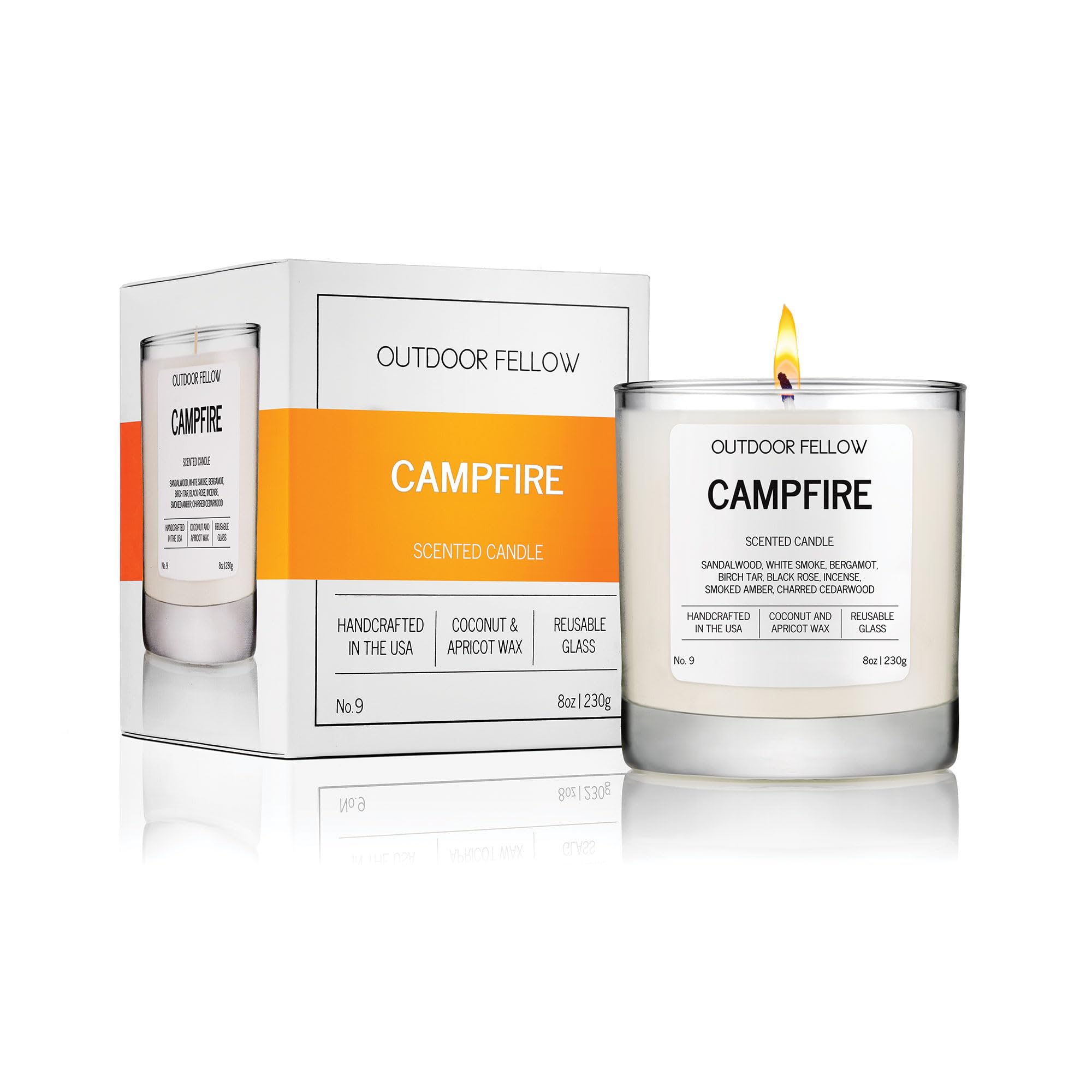 Campfire Scented Candle, 8oz, Coconut & Apricot Wax Blend, Sandalwood, Smoked Amber, Charred Cedarwood, Reusable Glass, 40-50 Hour Burn Time