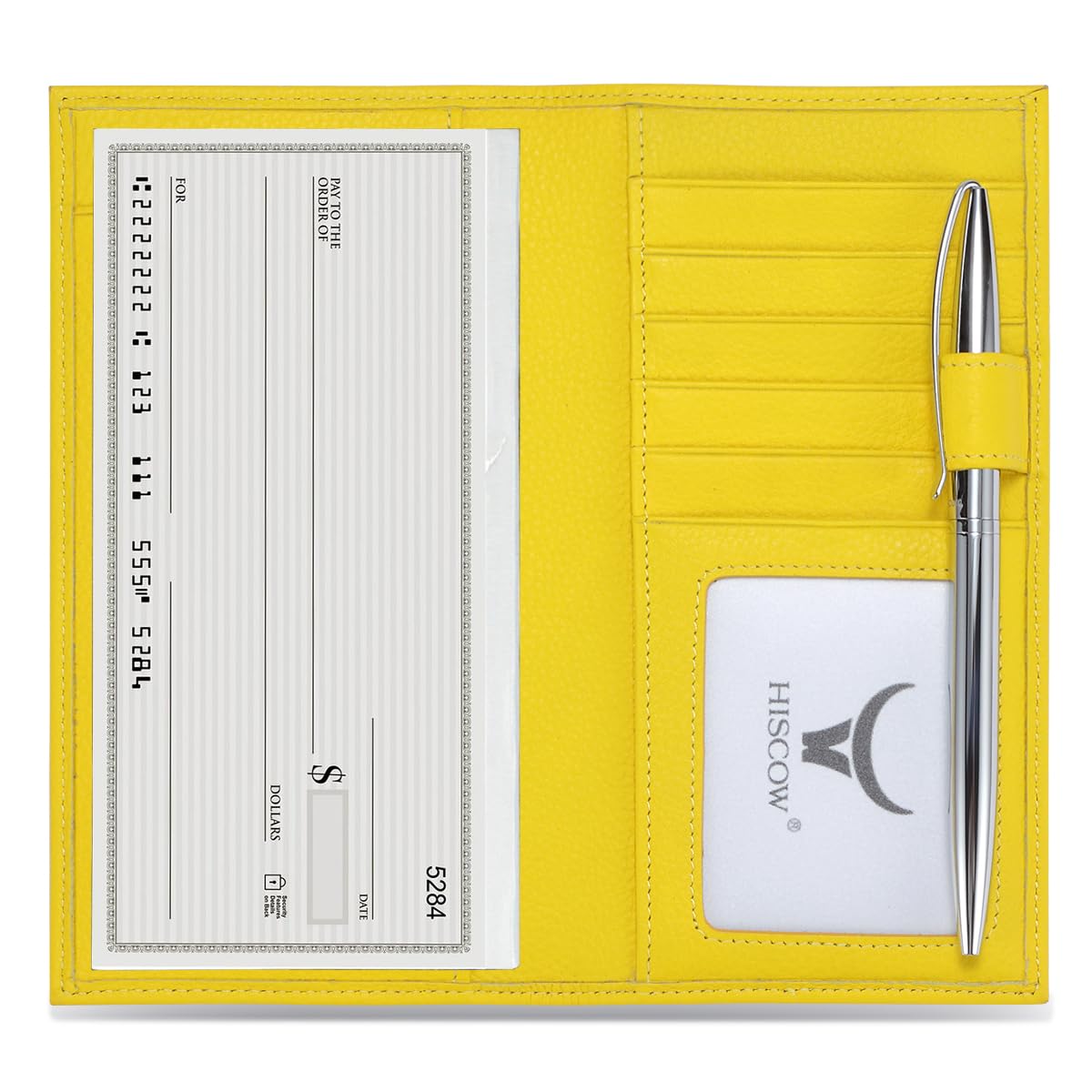 HISCOW Leather Checkbook Cover with Card Slots &amp; Pen Holder, Pebbled Yellow
