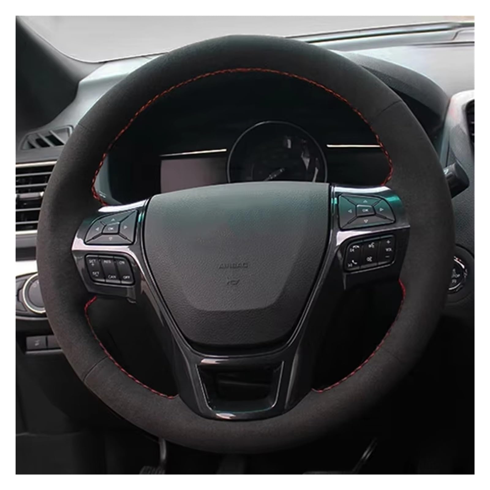 Lenkrad Abdeckung Für Ford Für Explorer 2016 2017 2018 Custom Car Lenkrad Geflecht Abdeckung Wildleder Auto Innen Zubehör Lenkung Wrap Lenkrad Bezug(Black Thread)