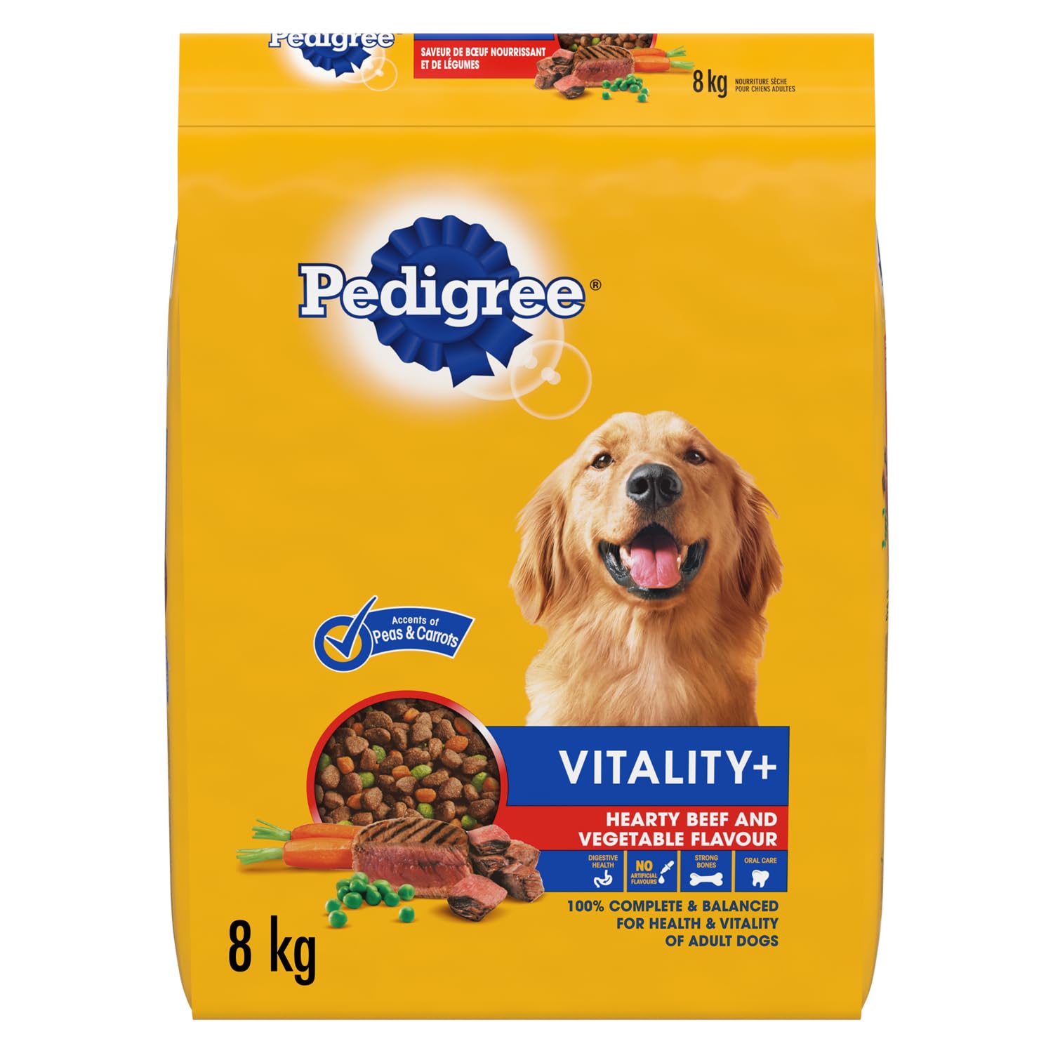 PEDIGREE VITALITY+ Dry Food For Adult Dogs – Hearty Beef & Vegetable Flavour - Supports Strong Bones and Healthy Teeth - With Calcium, 8kg Bag - 1