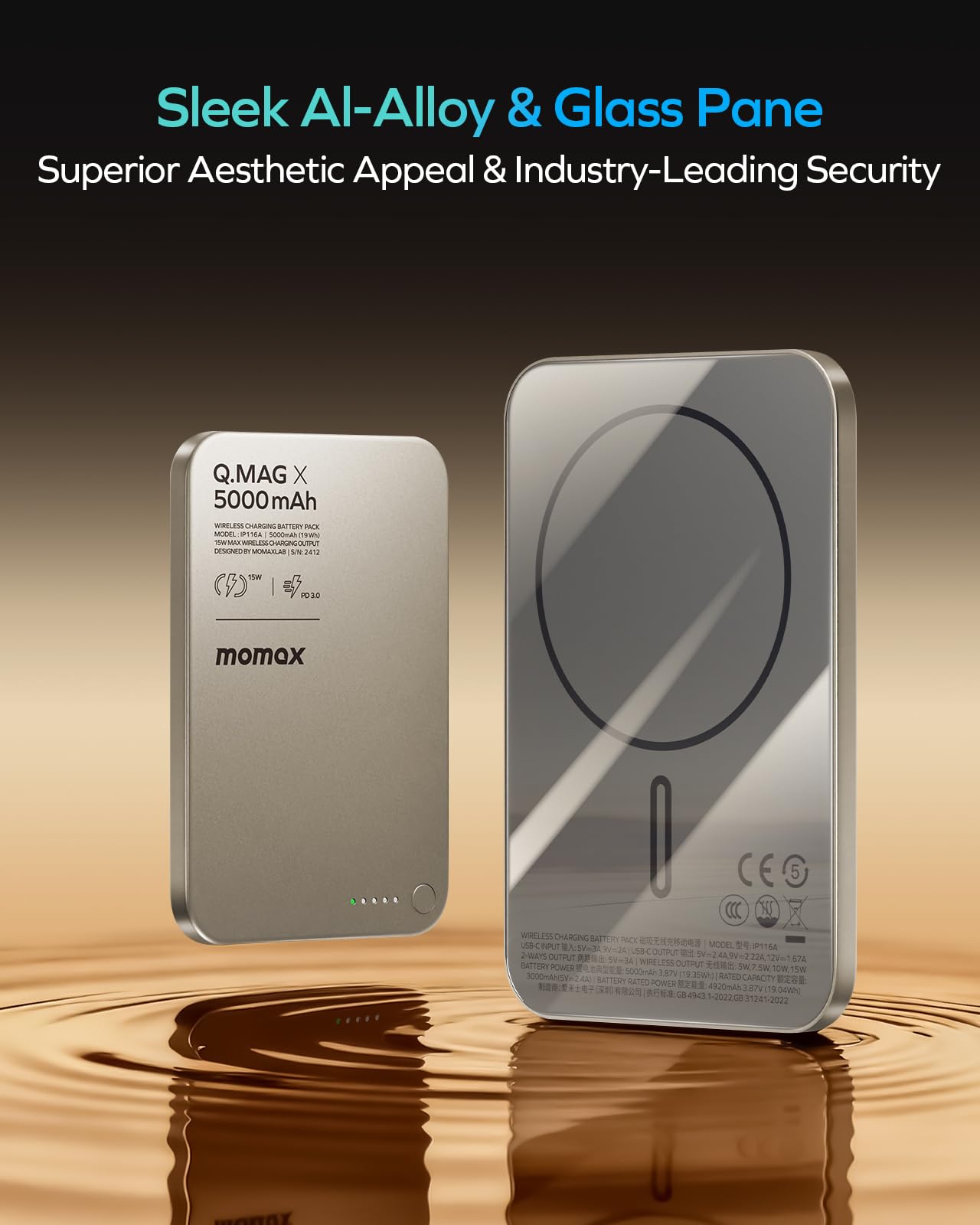 MOMAX MagSafe Powerbank 5000 mAh, 0,83 cm Ultra Sottile Wireless Caricatore 15W Ricarica Rapida Powerbank, Ricarica Rapida PD da 20 W Tramite USB-C, per iPhone serie 17/16/15/14/13/12, Titanio