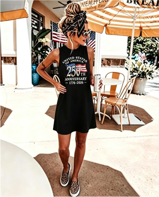 Image of jusgai 250 Anniversary USA Dress for Women American Flag Tank Dresses 4th of July Patriotic Sundress