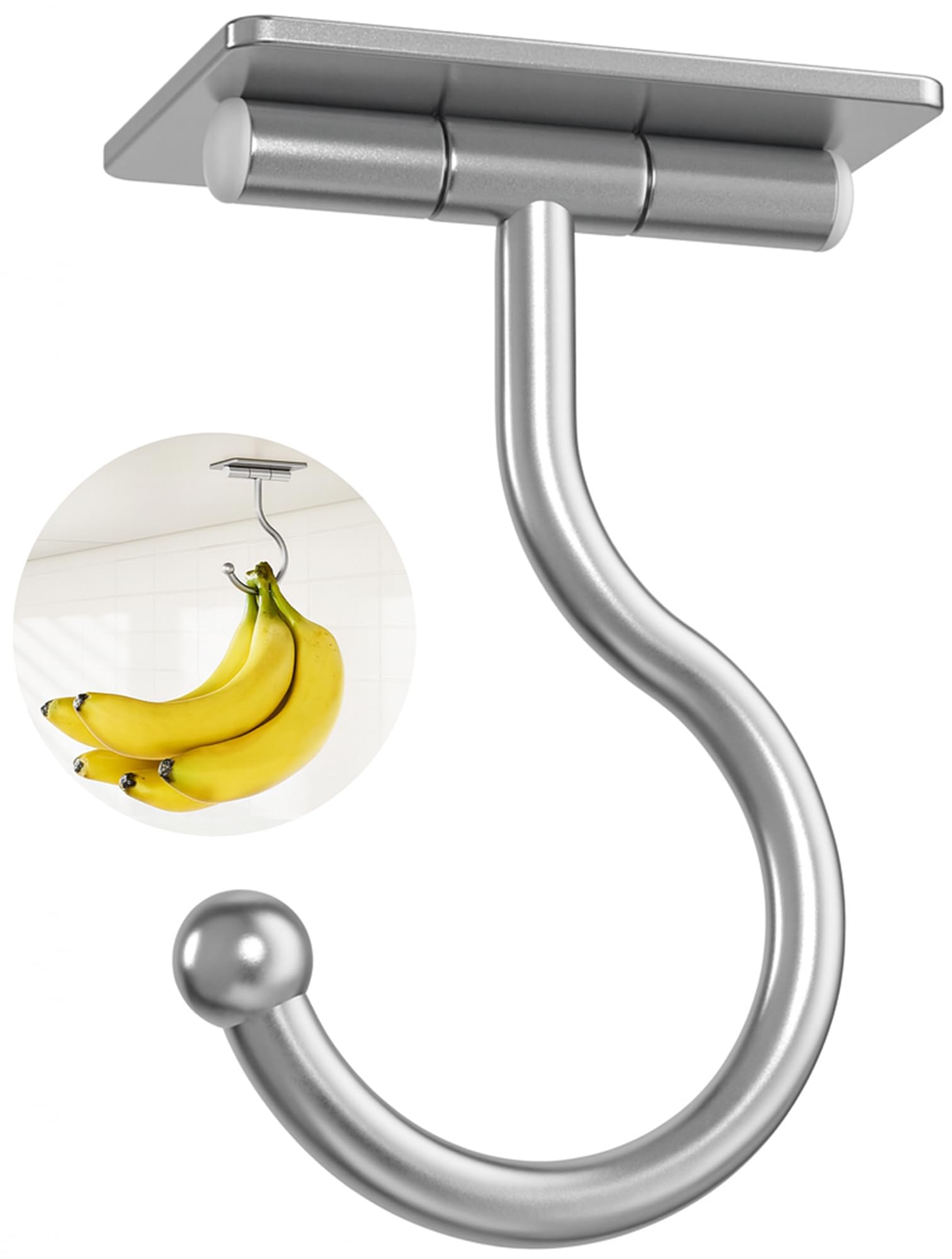 Under Cabinet Banana Hook Adhesive - Sticky Banana Hanger Under Counter, Sturdy Metal Banana Holder for Hanging Bananas or Kitchen Utensil, Banana Saver, Keeps Bananas Fresh, Silver