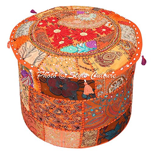 Stylo Culture Pouffe Seat Bean Bag Ottoman Pouffe Large Cover Orange Ethnic Embroidered Patchwork Cotton Traditional Round Fabric Ottoman Pouf Cover (22x22x13 Inch) 55cm (COVER ONLY) - Image 2