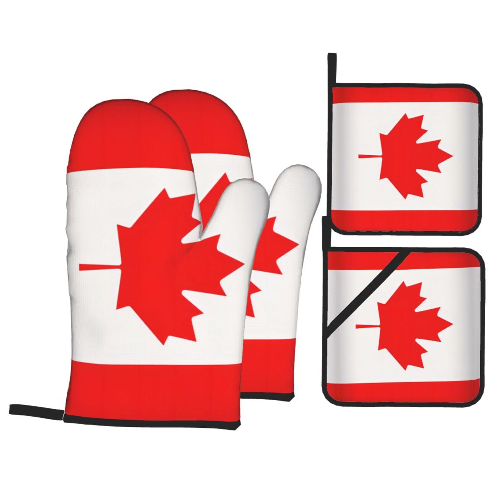 Nimongt Black Canadian Flag Print Heat-Resistant 4-Piece Oven Kitchen Gloves For Baking Cooking Microwaving Essentials
