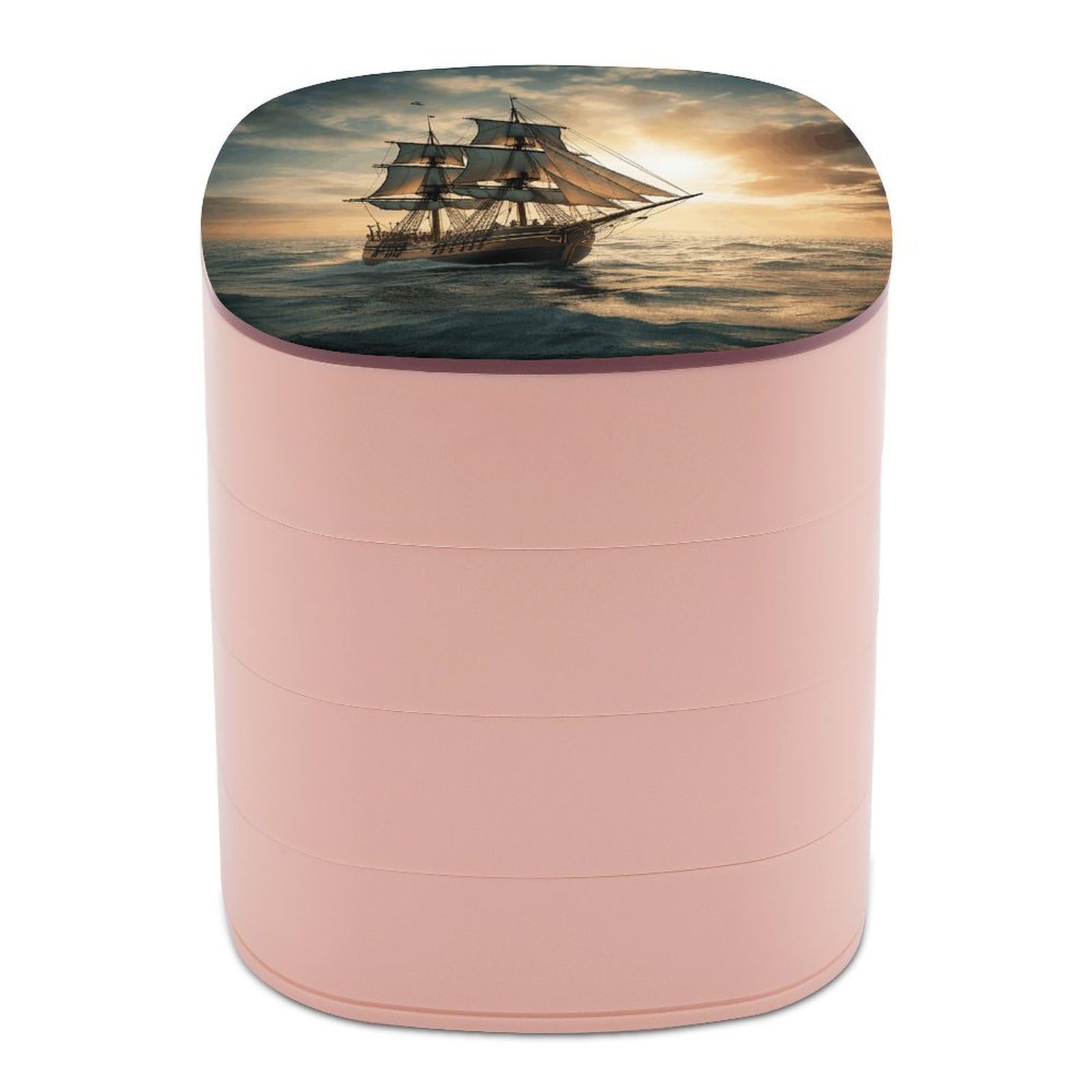 VstaDank Ship Sailing Alone Jewelry Organizer Small Travel Earring Storage Box with Mirror 4-Layer Rotating Travel Jewelry Tray Case with Lid Large Capacity Jewellery Holder Case