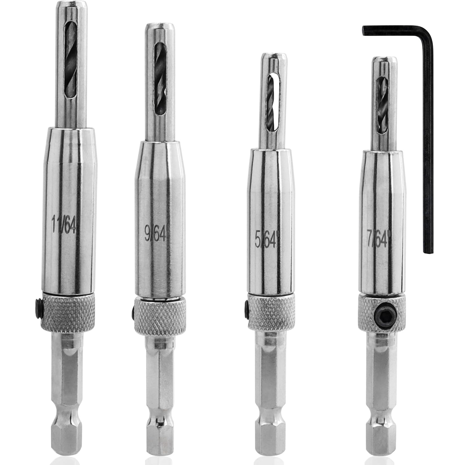 Treki 4PCS Self Centering Drill Bit Set 1/4" Hex Shank Self Centering Hinge Drill Bits HSS Door Center Hinge Hole Drill Bit for Woodworking Window Cabinet (5/64" 7/64" 9/64"11/64") with 1 Hex Wrench