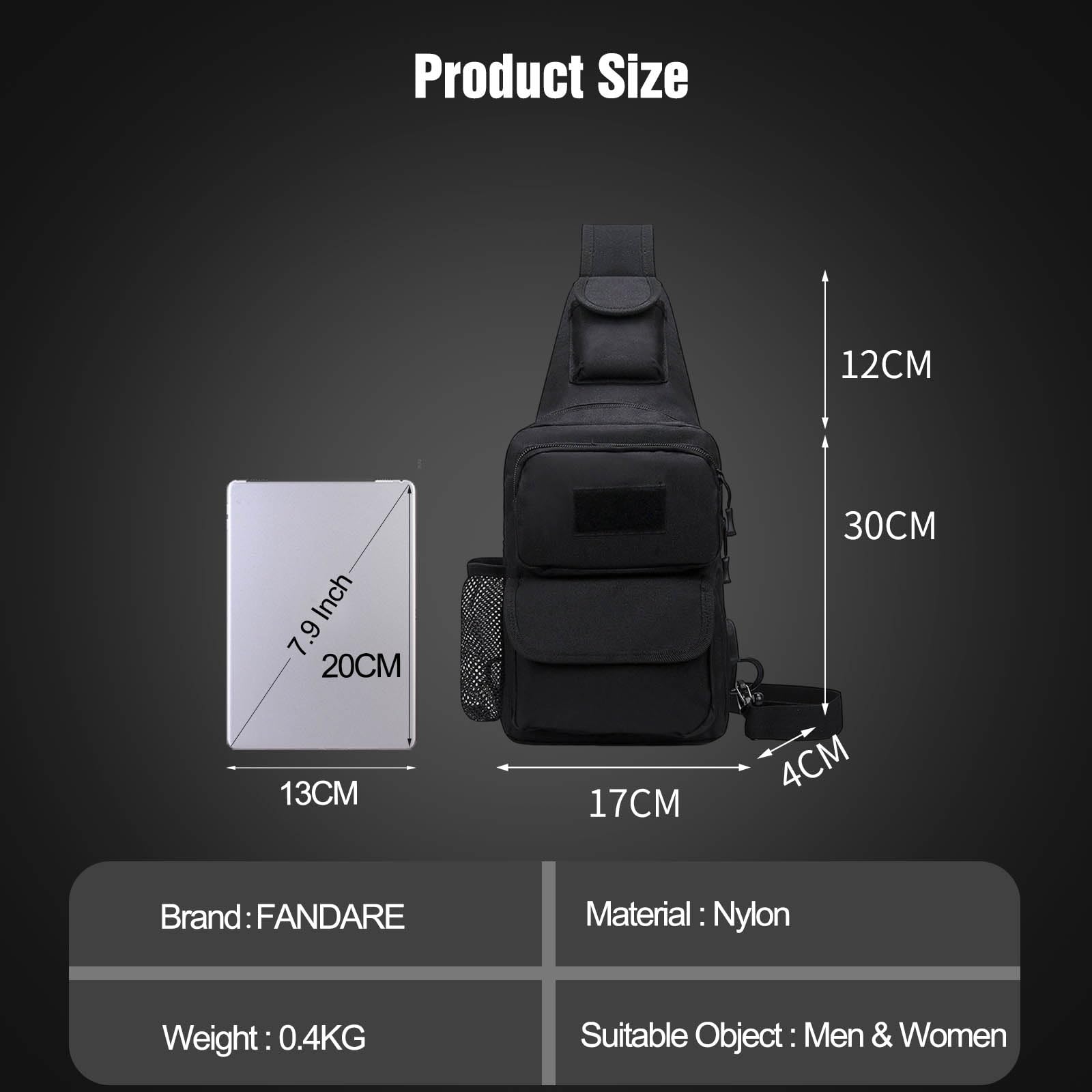 FANDARE Táctical Bolso Hombro Bolsa de Pecho Militar Bandoleras Cruzada con USB Bandolera Bolsos Bandolera para Hombres Mujer Escolar Senderismo Viaje Sling Crossbody Bag Negro