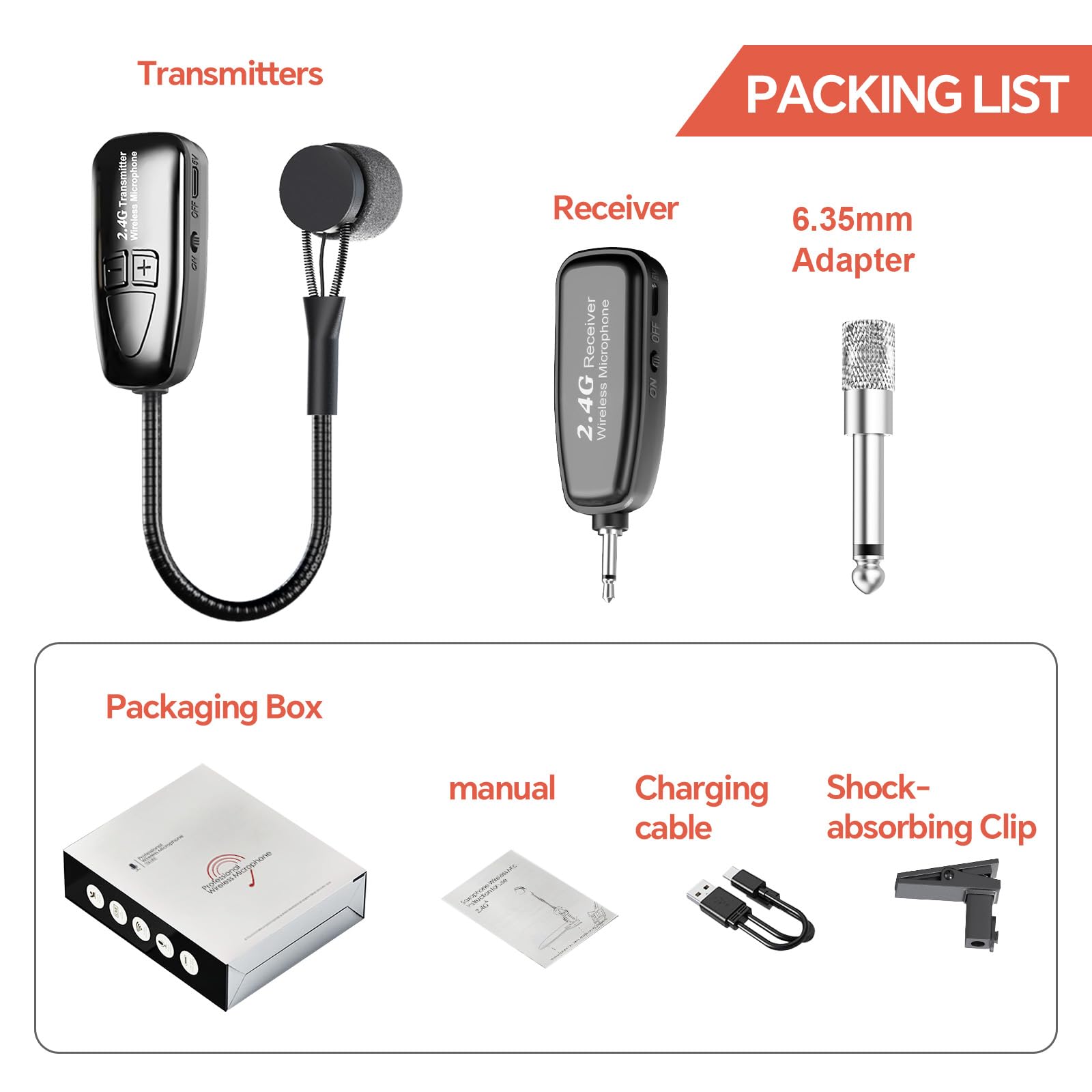 Microfono wireless per sassofono, microfono per strumenti a clip 2.4G, trasmettitore e ricevitore ricaricabile, portata 30,5 m, ideale per sassofono, tromba, tromba, trombone, cornetta, corno