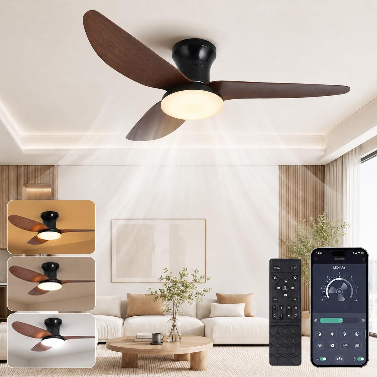 Ventilador de techo con iluminación, Ø100 cm App Control & Control remoto, Lámpara de techo con ventilador, 6 velocidades, 3 colores variables, Motor DC silencioso, funcionamiento verano-invierno