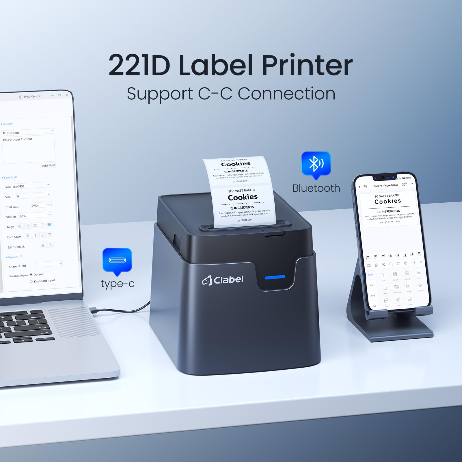 CLABEL 221D Stampante Termica Etichette Adesive Bluetooth