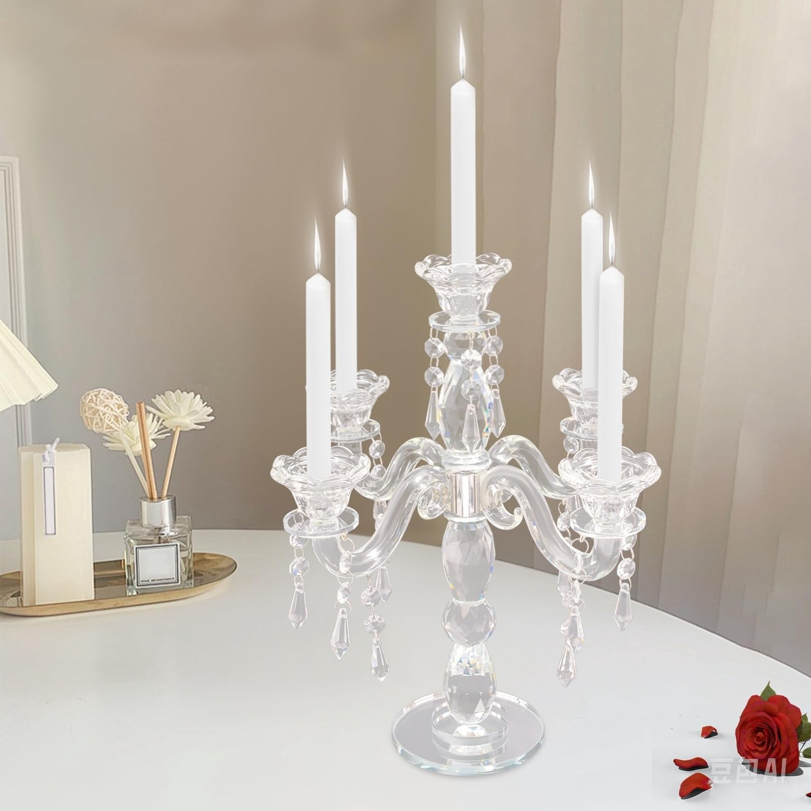 Crystal Candle Holder, 5-Arm 14 Inch Crystal Taper Candlestick Candelabra, Crystal Candlestick Holder, Ultra Elegant and Modern Centerpiece Table Decorations for Home Wedding Event Party Festival