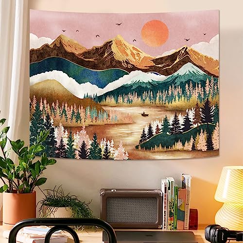 Zussun Mountain Tapestry Nature Forest Tree Tapestries For Bedroom Aesthetic Sunset Tapastry'S Wall Hanging Orange And Green Landscape Wall Tapestry For Living Room Dorm thumb #3