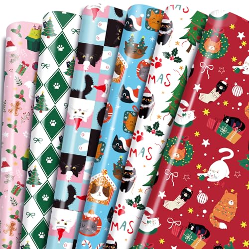 Keluna Christmas Cats Gift Wrapping Paper - 12 Sheets Cute Wrapping Paper for Christmas Holiday Winter Naughty Cats Design Xmas Gift Wrap Supplies