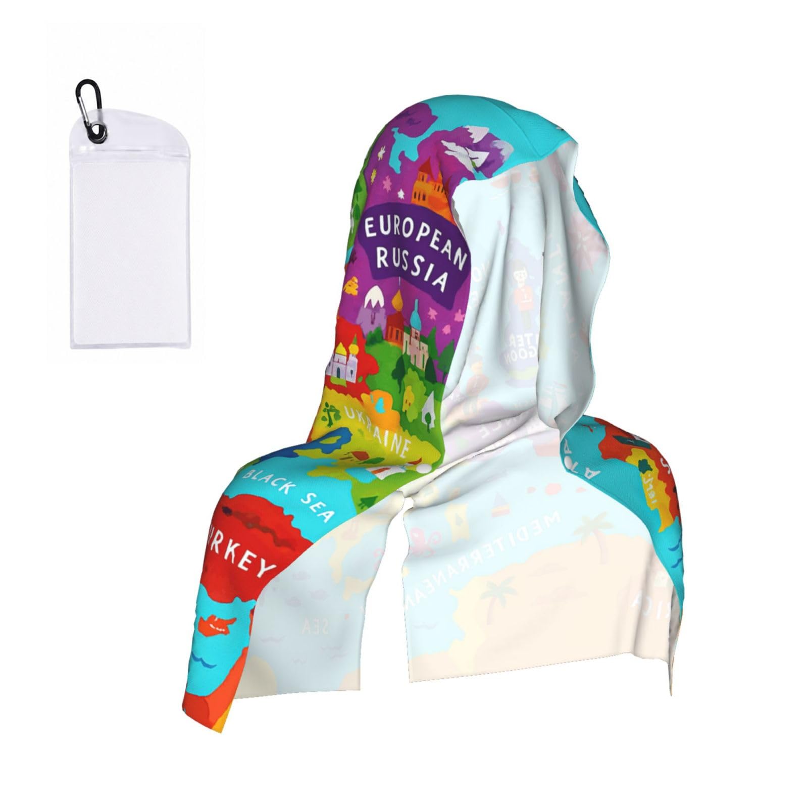 DUWAA Colorful Europe Map With Icon Print Cooling Hooded Sports Towel, 30×60cm Quick Drying Summer Cool Head Wrap For Neck And Face