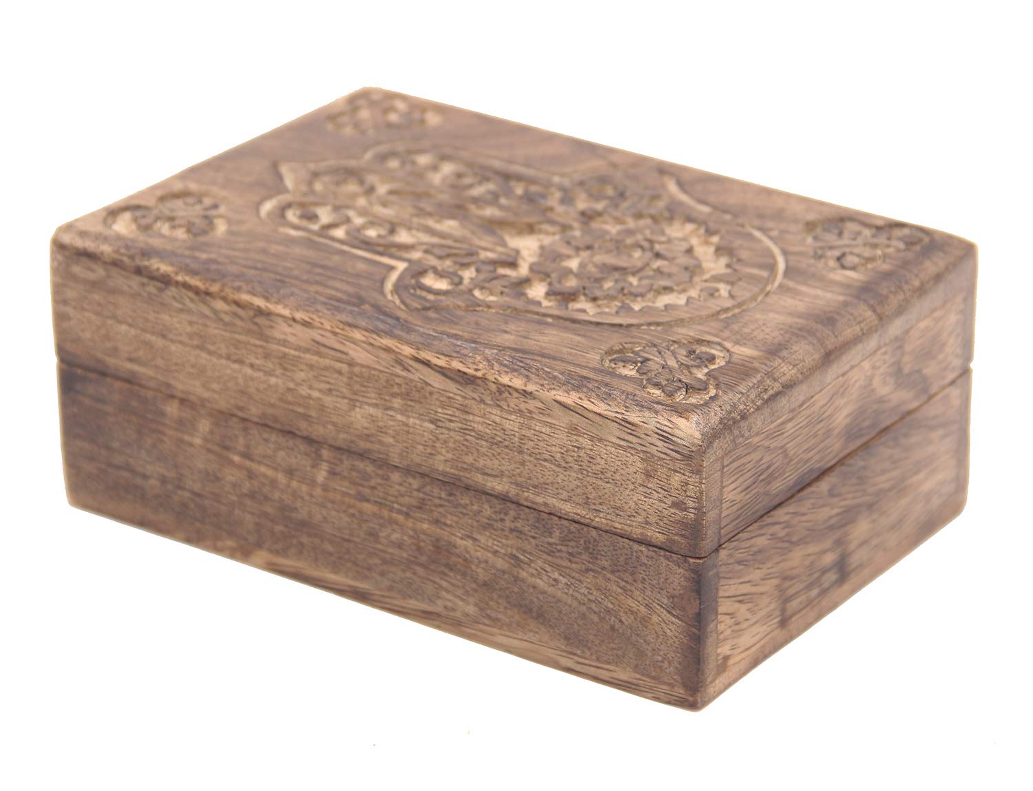 DharmaObjectsHamsa Hand Of Fatima Hand Carved Jewelry Trinket Keepsake Wooden Storage Box (Fatima Hand, Medium)