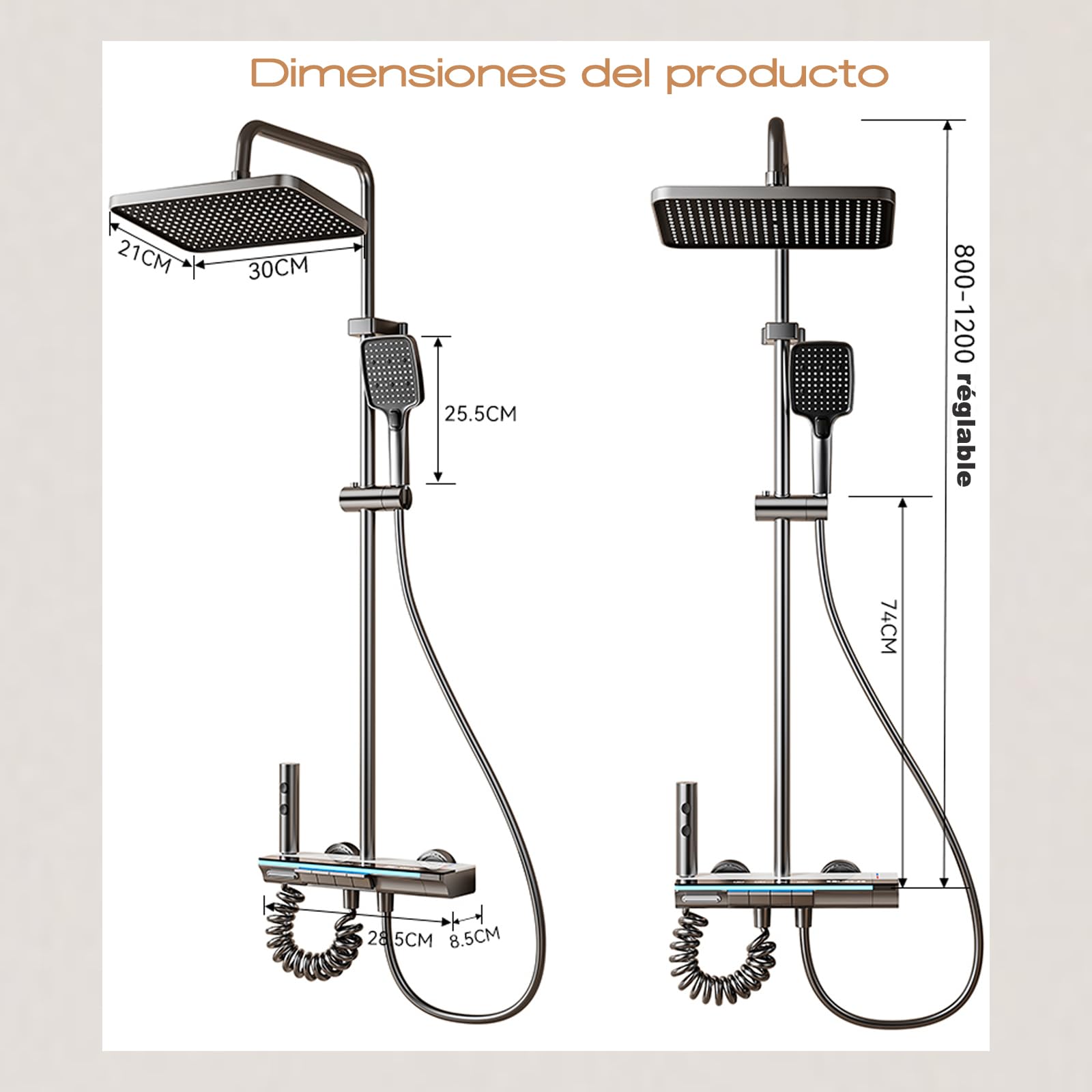 Columna de Ducha 4 en 1 con Pantalla LED Digital, Sistema de Ducha con Lluvia XL, Cascada, Ducha de Mano, Grifo, Altura Ajustable, Sin Electricidad, Luz LED Azul Ideal para Baño Familiar Moderno