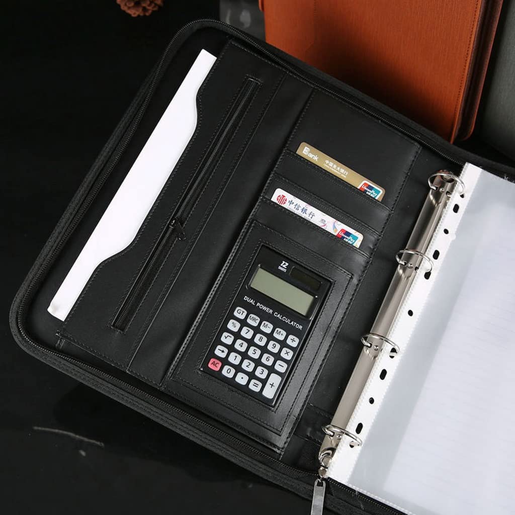 Cartella Appunti Cartella for conferenze for dirigenti aziendali con cerniera, formato A4, con raccoglitore a 4 anelli, for ufficio, scuola, casa, lavoro e uso commerciale(Gray,12digit calculator)