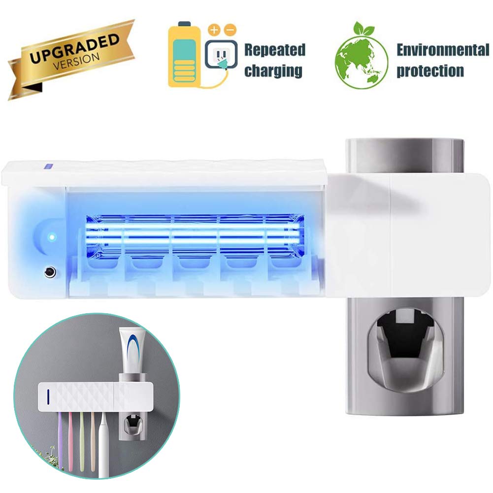 POEO UV Toothbrush Sanitizer Holder, Wall Mounted Toothpaste Dispenser with USB Charging Function, 5 Brushes Storage Set, for Family Shower Bathroom