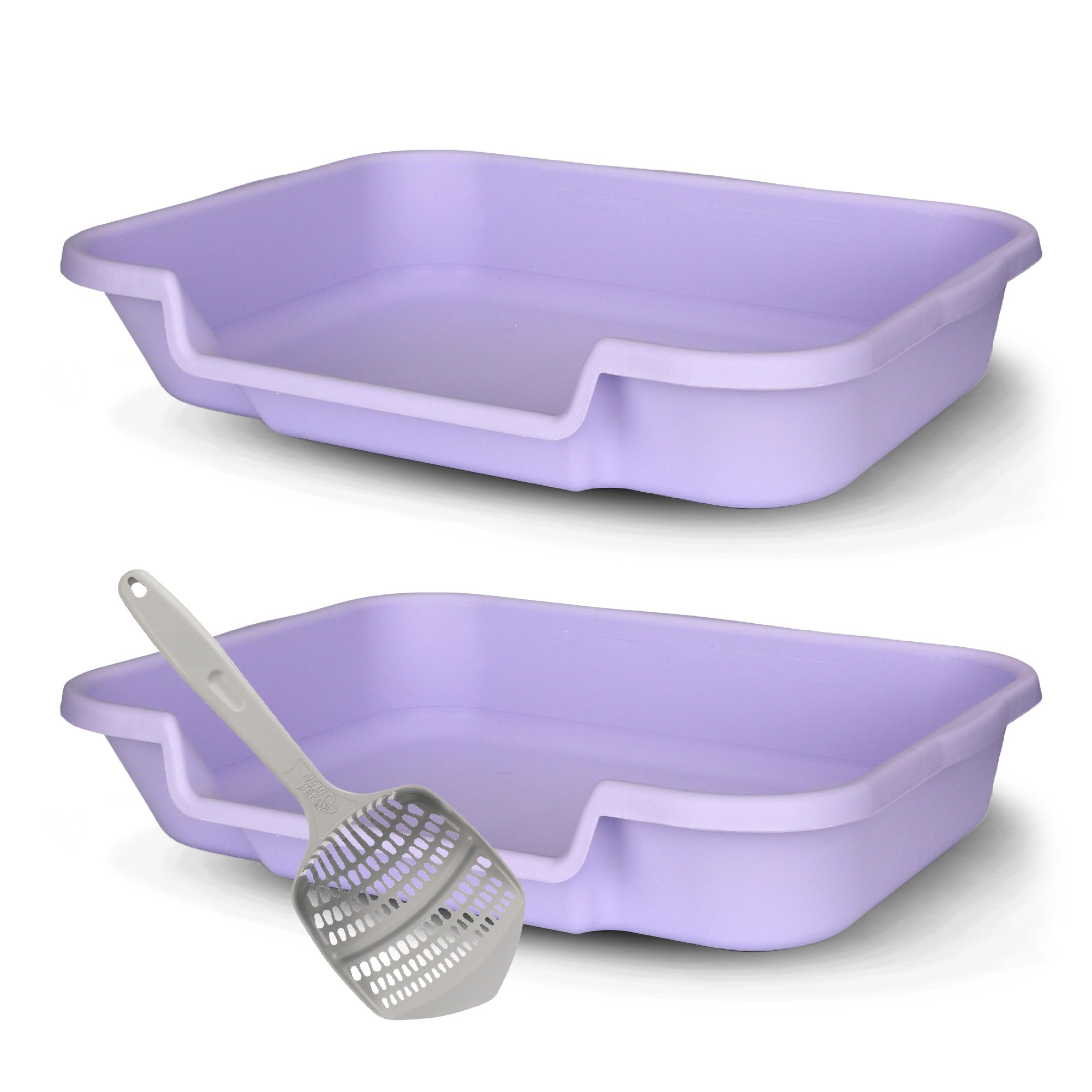 KittyGoHere Senior Cat Litter Box 2 Pack, Large Storybook Lavender Low Entrance Kitty Litter Box, Sized for Cats Comfort, Perfect for Senior & Arthritic Cats, Made in USA, With Long-handle Jumbo Scoop