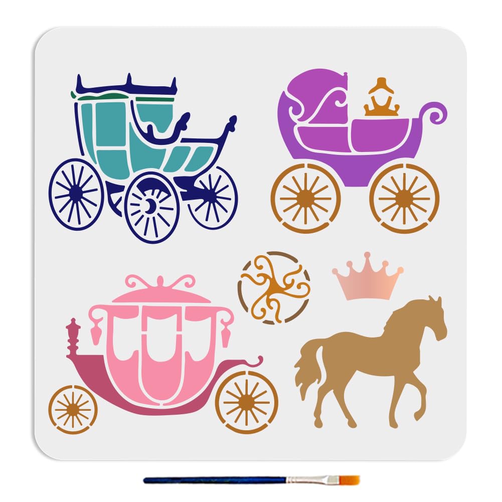 MAYJOYDIY 3 Styles Carriage Stencil 11.8×11.8inch Vintage Horse Carriage Stencils with Paint Brush King Crown Princess Carriage Drawing Template for Craft Furniture Fabric Wall