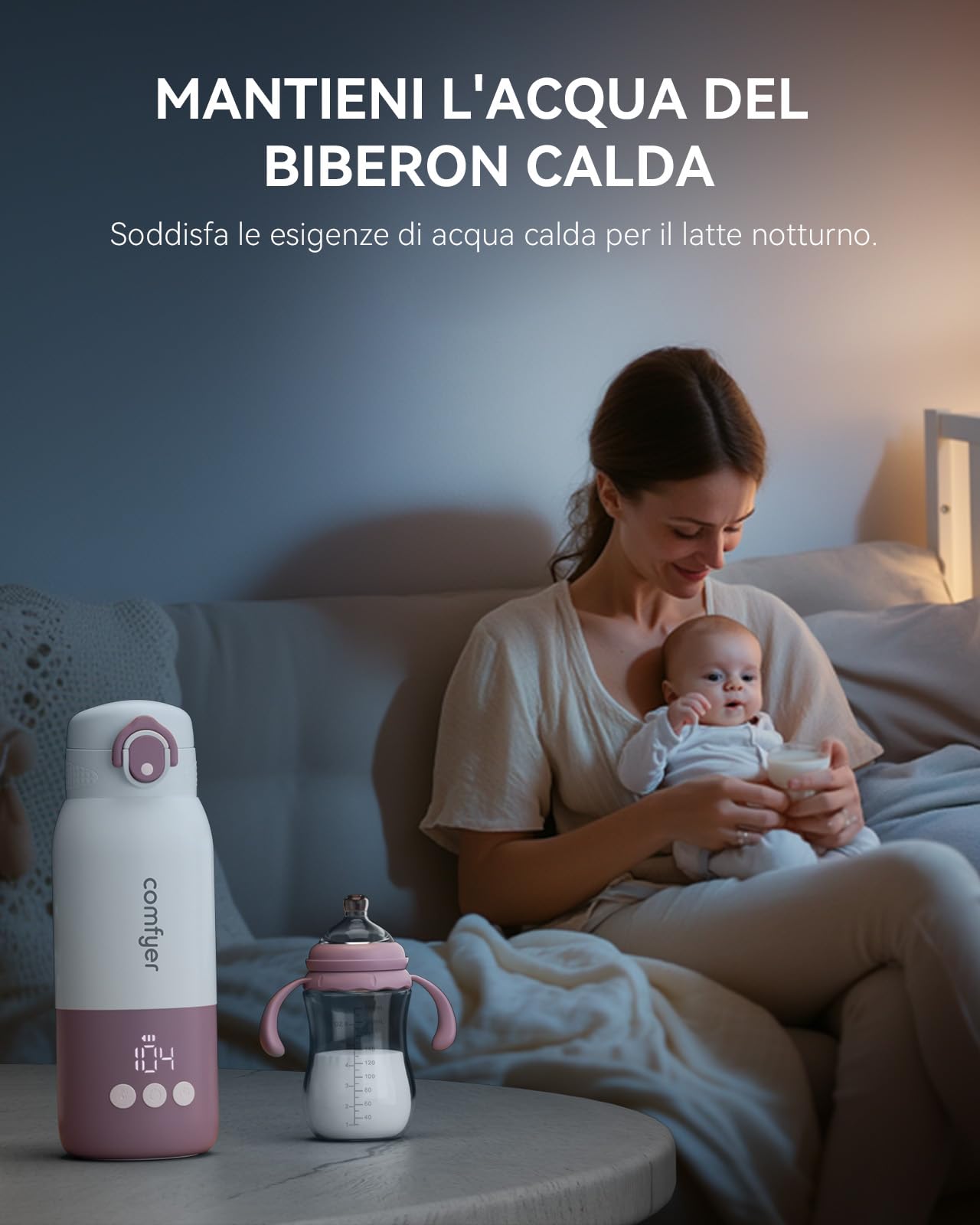 comfyer Scaldabiberon Portatile, Riscaldamento Rapido e Lunga Durata della Batteria, 2 Modalità per Latte Materno e Acqua, Grande Capacità di 340ml per Tutto il Giorno