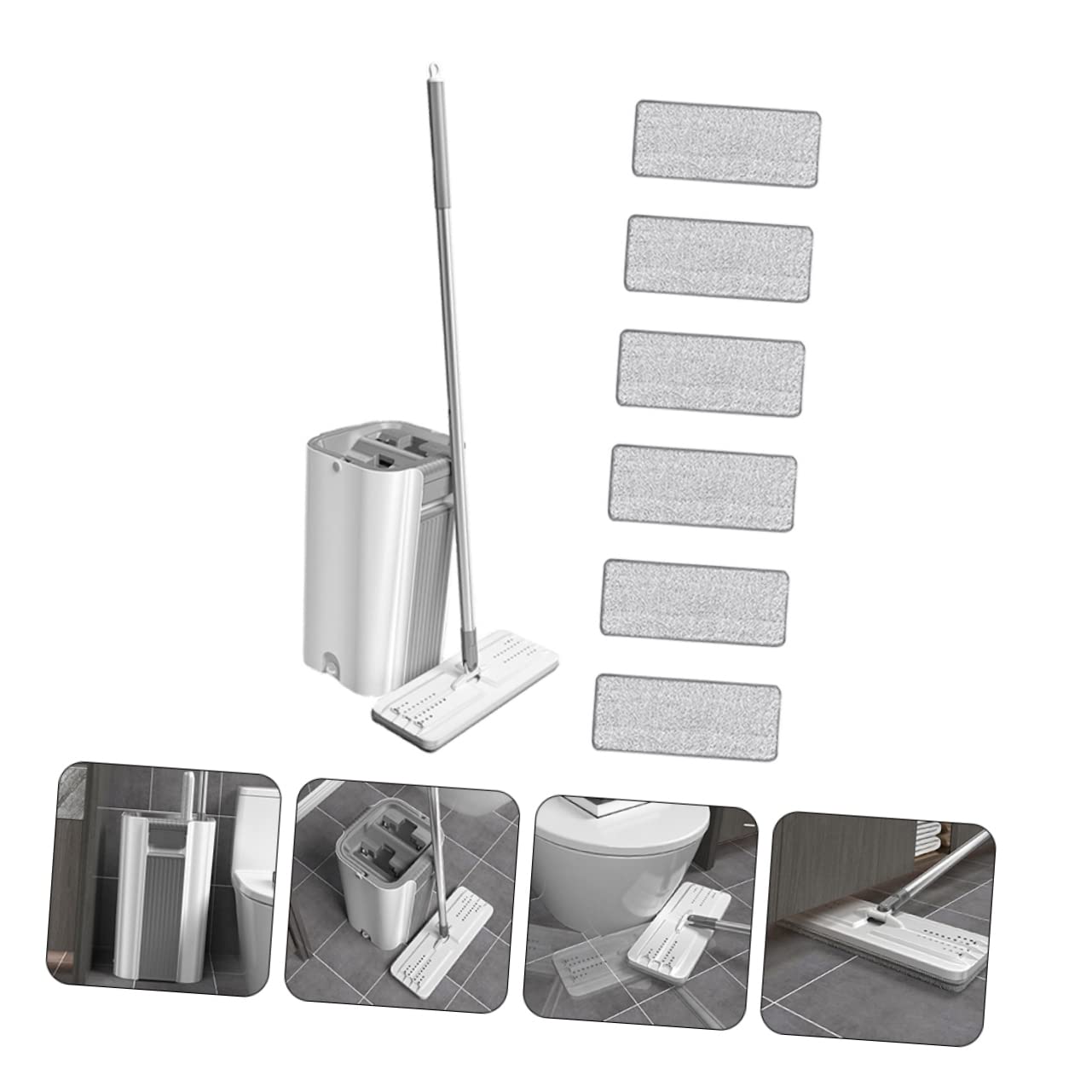 Fregona Doméstica sin Lavado Manual Mango Integrado Plata | Microfibra y Acero Inoxidable, Limpieza sin Rincones Muertos, Base Antideslizante, 1 Juego Paño de Repuesto