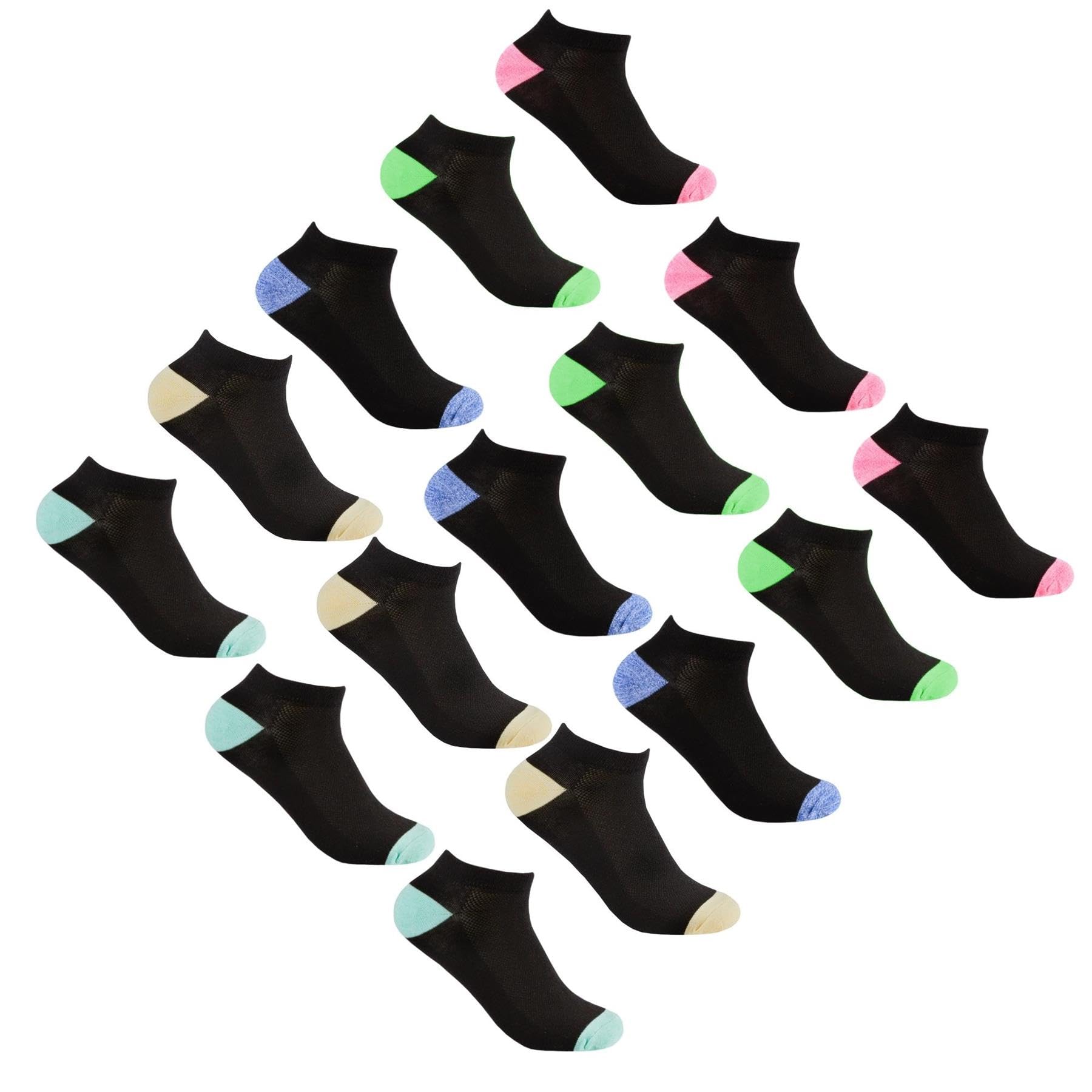 Style It Up 41B593-Womens/Ladies 10 Pairs Socks Sports Trainer Gym Everyday Active Activewear Ankle Liners Arch Support (Black Bright/Pastel, UK 4-8)