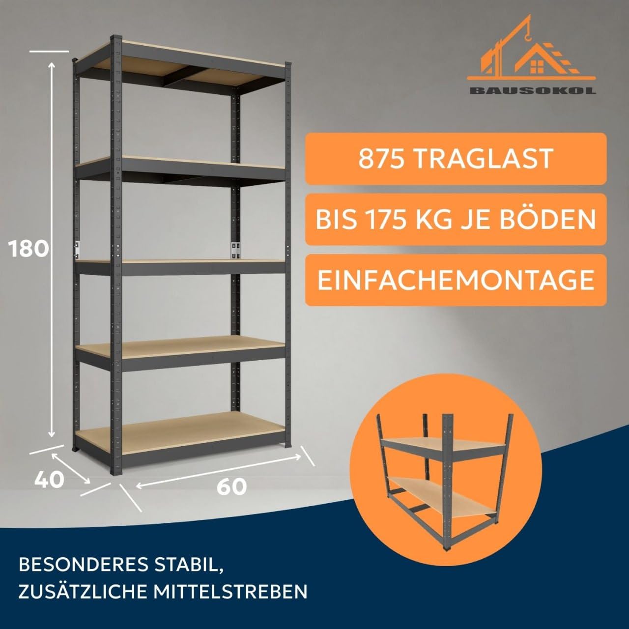 Metallregal 180x60x40 cm Schwarz – 5 MDF Böden – Tragkraft 875kg – Lagerregal, Werkstattregal, Kellerregal, Schwerlastregal