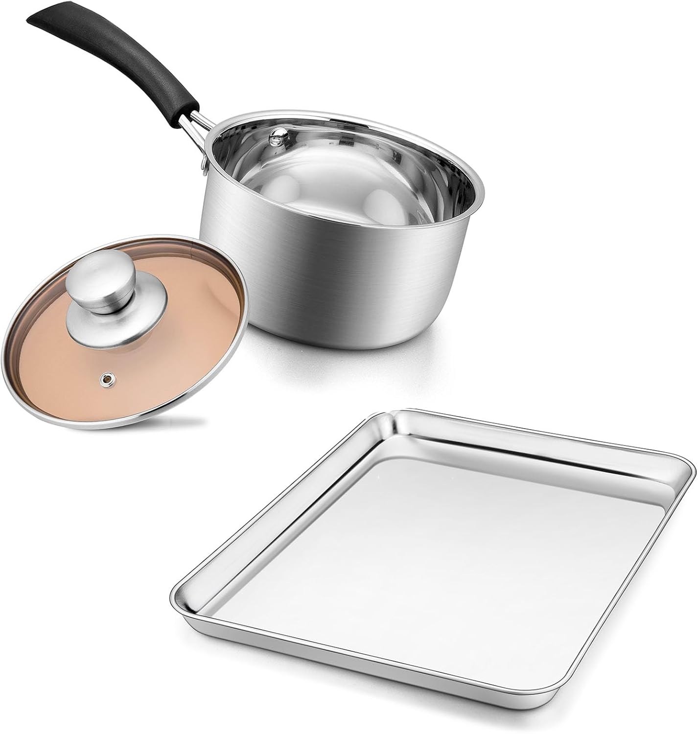 Baking 12.5 Inch Sheet Pan & 18/10 Stainless Steel Saucepan, Joyfair Stainless Steel Cookie Sheet Toaster Oven Tray, Small Sauce Pan Milk Pot with Glass Lid for Cooking Stewing Boiling Spaghetti Soup