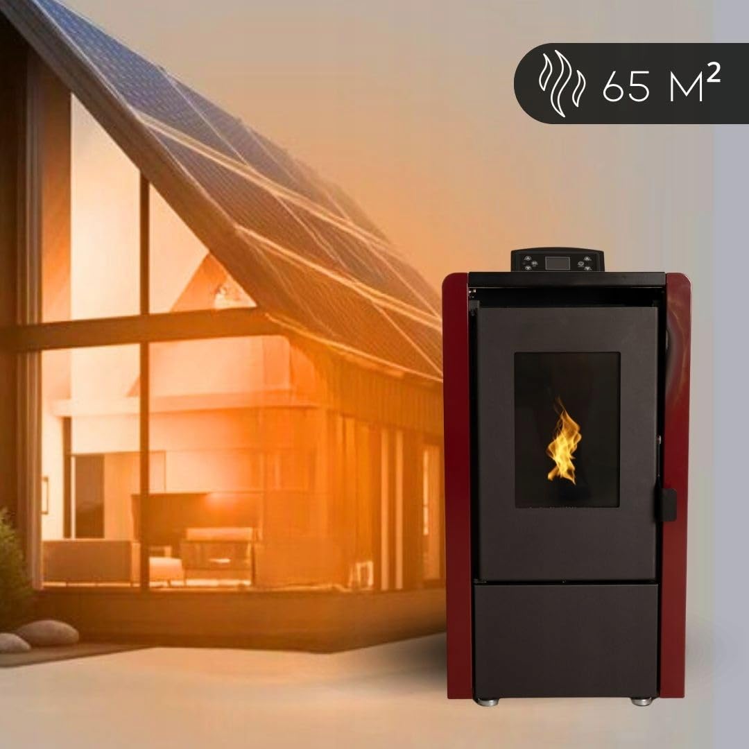 Estufa pellets THUNDER WLAN, automática, termostato, temporizador, kit tubo humos, acero, Ecodiseño, CE, BImSchV. (LEYLA RED, 6,3 KW)