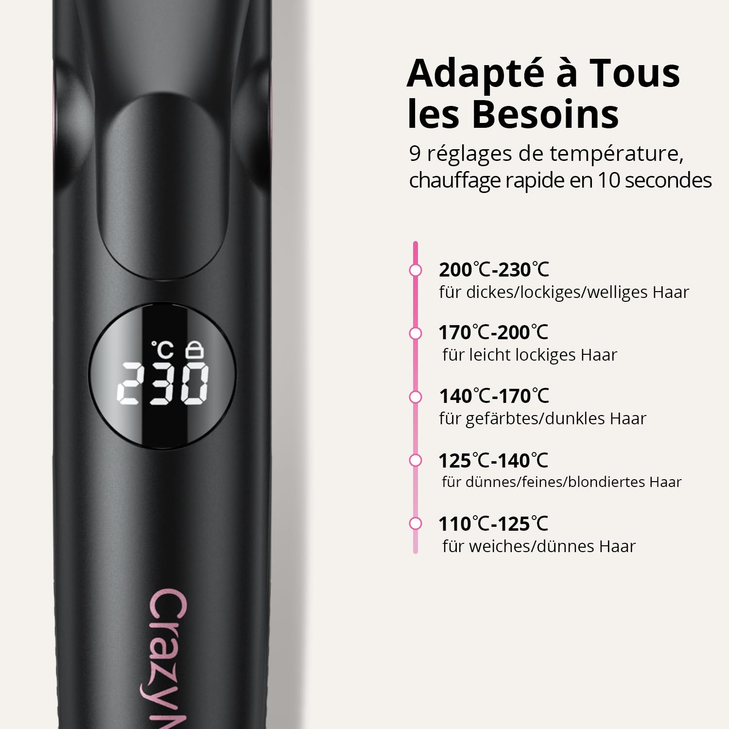 CrazyMar Lisseur à Air Froid et Boucleur Ionique 2-en-1, 9 Températures (110°C-230°C) pour Cheveux Bouclés/Lisses, Appareil de Coiffure Maison et Voyage (Noir)