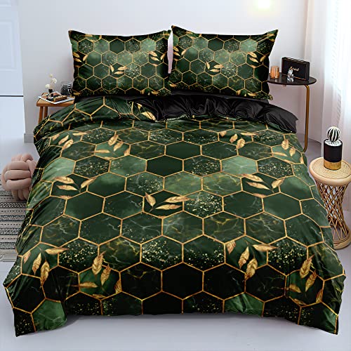 Marmor Bettwäsche Grün 135x200 Dunkelgrün Schwarz Gold Kariert 3D Effekt...