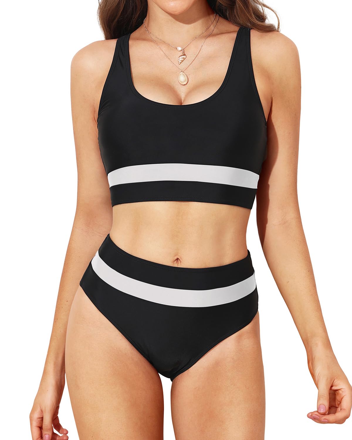 HolipickWomen's High Waisted Bikini Sets Two Piece Swimsuit Color Block Sporty Athletic Full Coverage Bathing Suits
