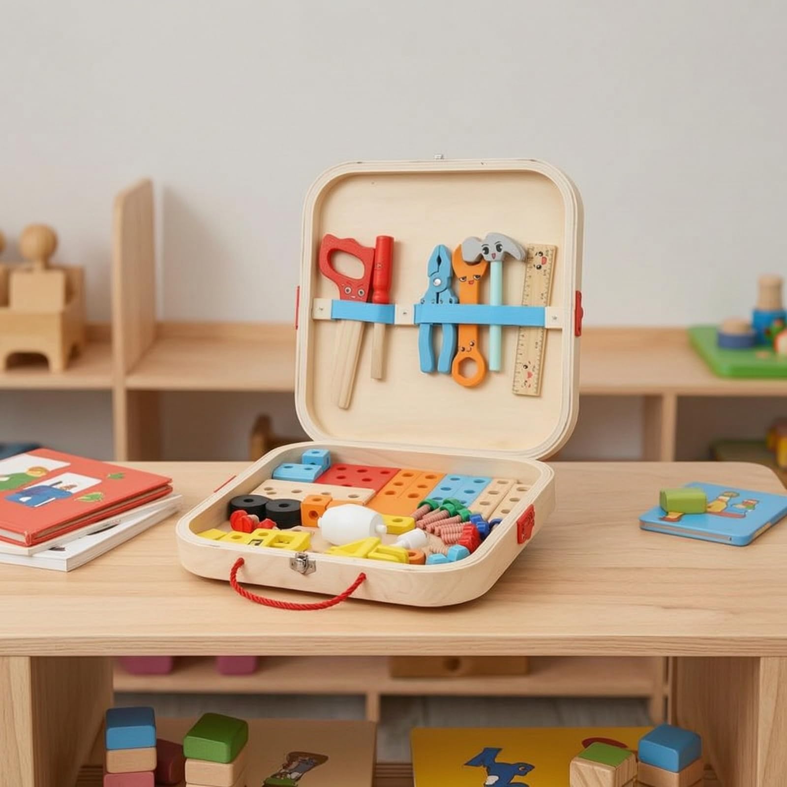 Kinder Werkzeugkoffer Holz Kinder Werkzeug Set Montagekasten Baukasten Lernspielzeug Rollenspiel aus Lackiertem Kiefernholz für Vorschule Spielzimmer Grundschule