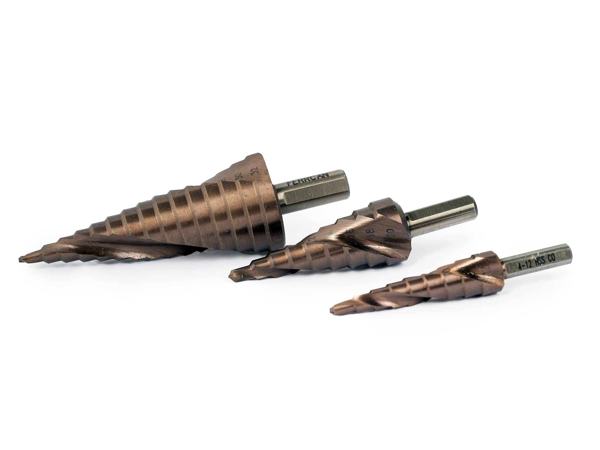 Jeu de 3 forets étagés Ferrcan cobalt HSS M35 pour acier inoxydable et métaux
