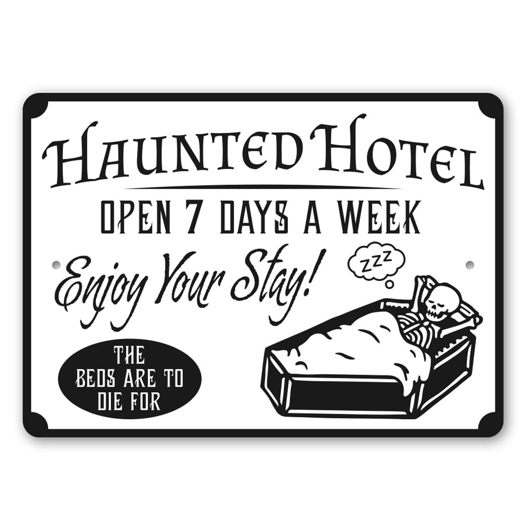Panneau d'hôtel hanté 25,4 x 35,6 cm en métal pour décoration d'Halloween